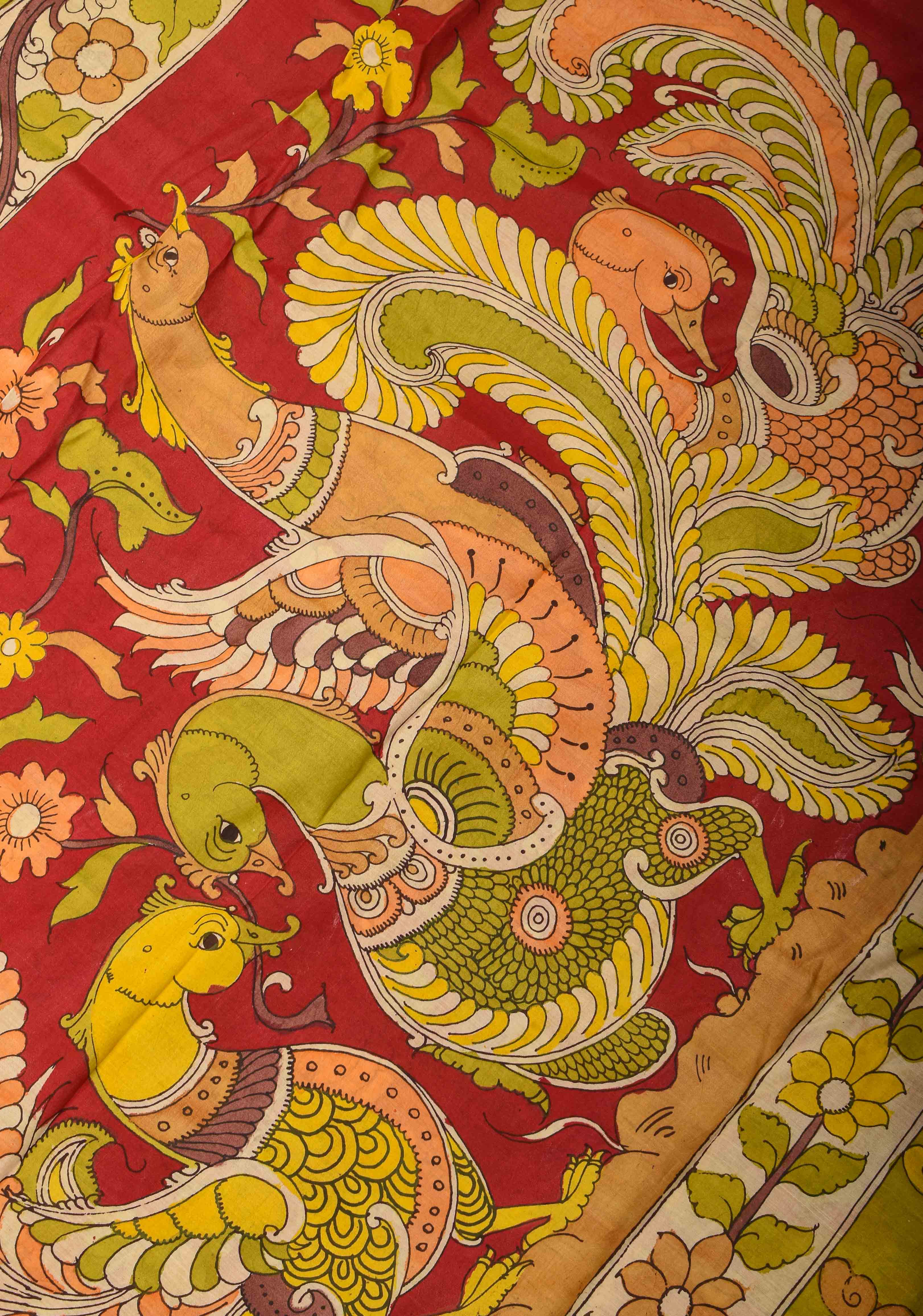 Urigempu Theme : Lime Yellow Authentic Pen kalamkari on Mangalagiri Silk Saree with zari border