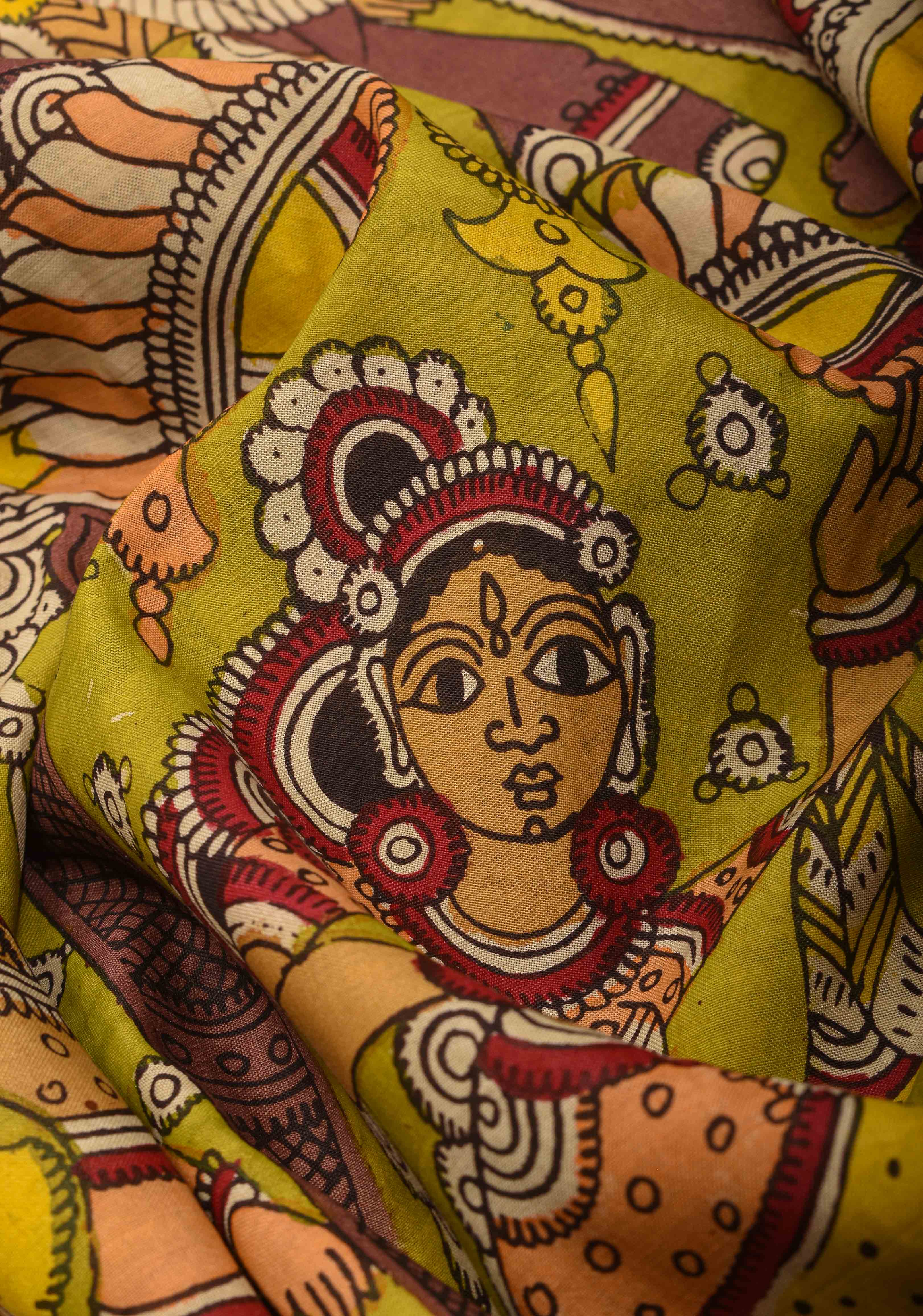 Urigempu Theme : Lime Yellow Authentic Pen kalamkari on Mangalagiri Silk Saree with zari border