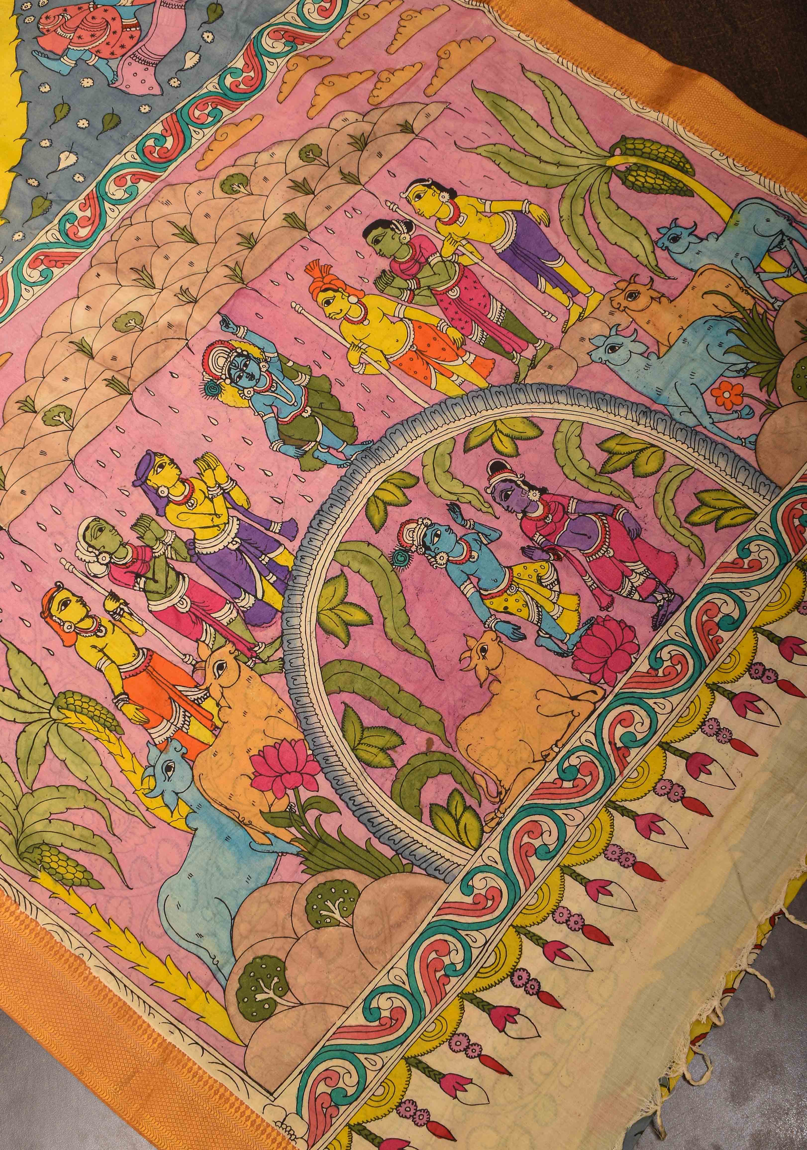 Krishna Govardhan Parvat Theme : Heather Blue Authentic Pen kalamkari on Mangalagiri Silk Saree with zari border