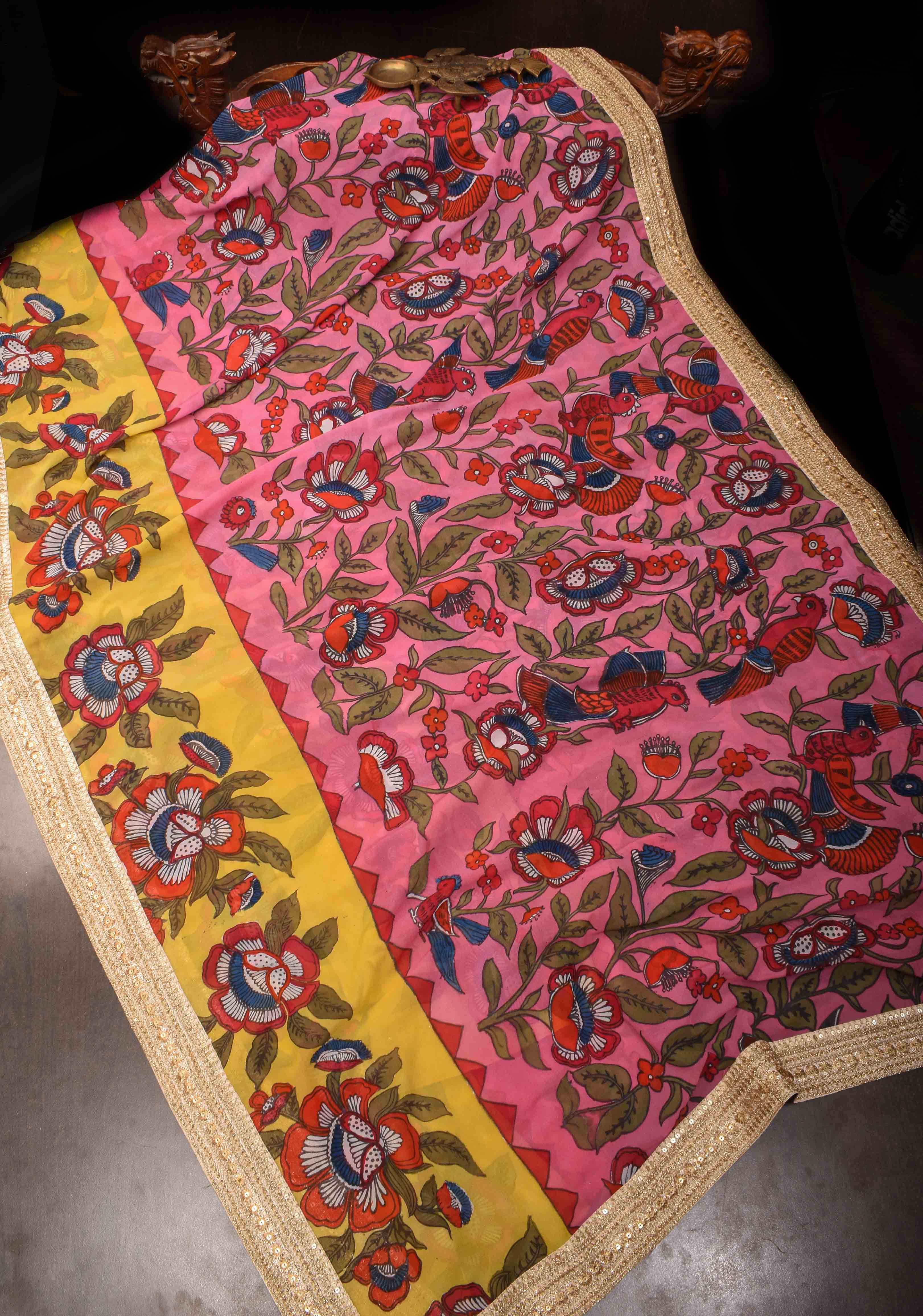 Floral Theme : Pink Authentic pen kalamkari on pure Georgette Silk Saree with Lace Border | SILK MARK CERTIFIED