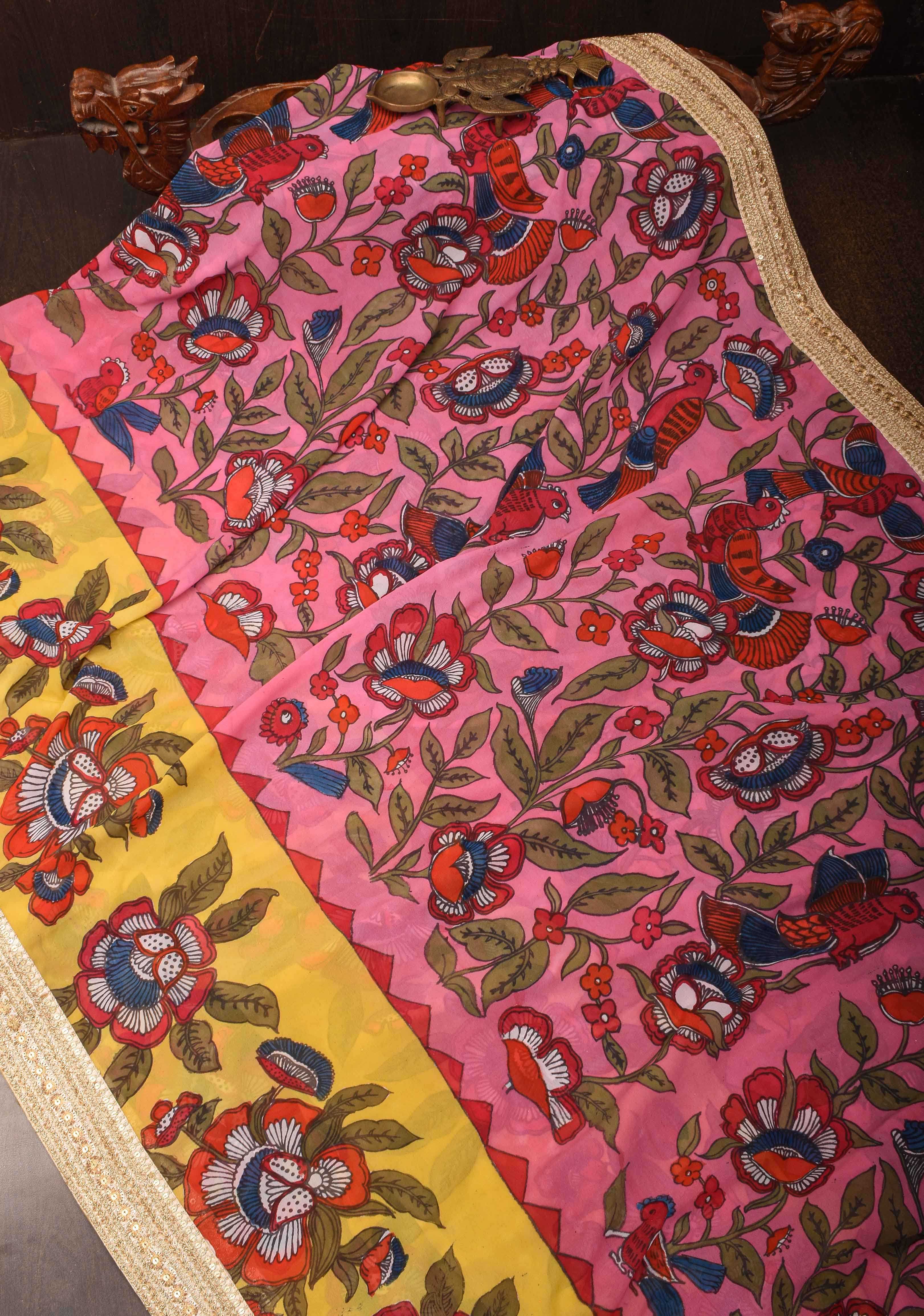 Floral Theme : Pink Authentic pen kalamkari on pure Georgette Silk Saree with Lace Border | SILK MARK CERTIFIED