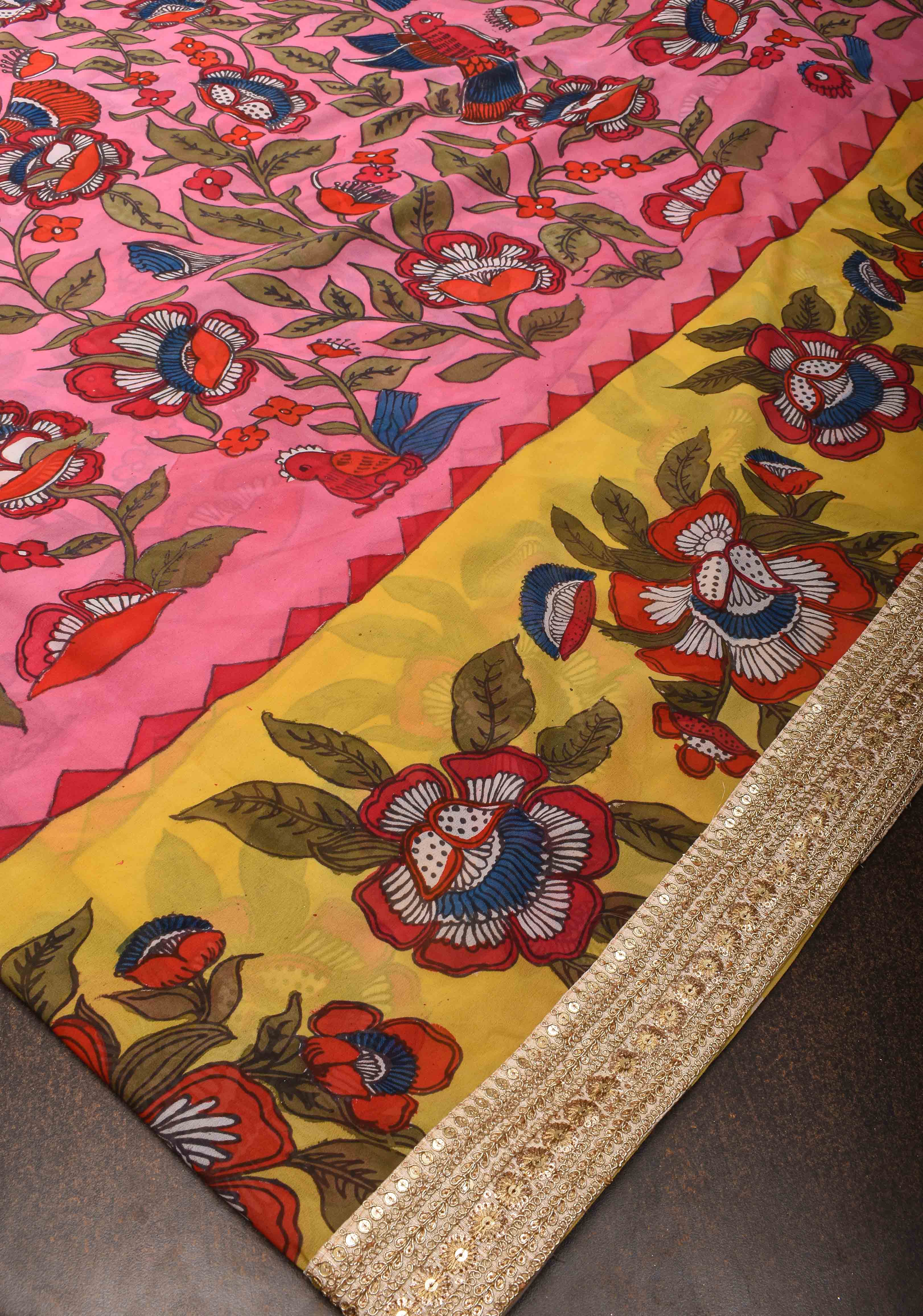 Floral Theme : Pink Authentic pen kalamkari on pure Georgette Silk Saree with Lace Border | SILK MARK CERTIFIED