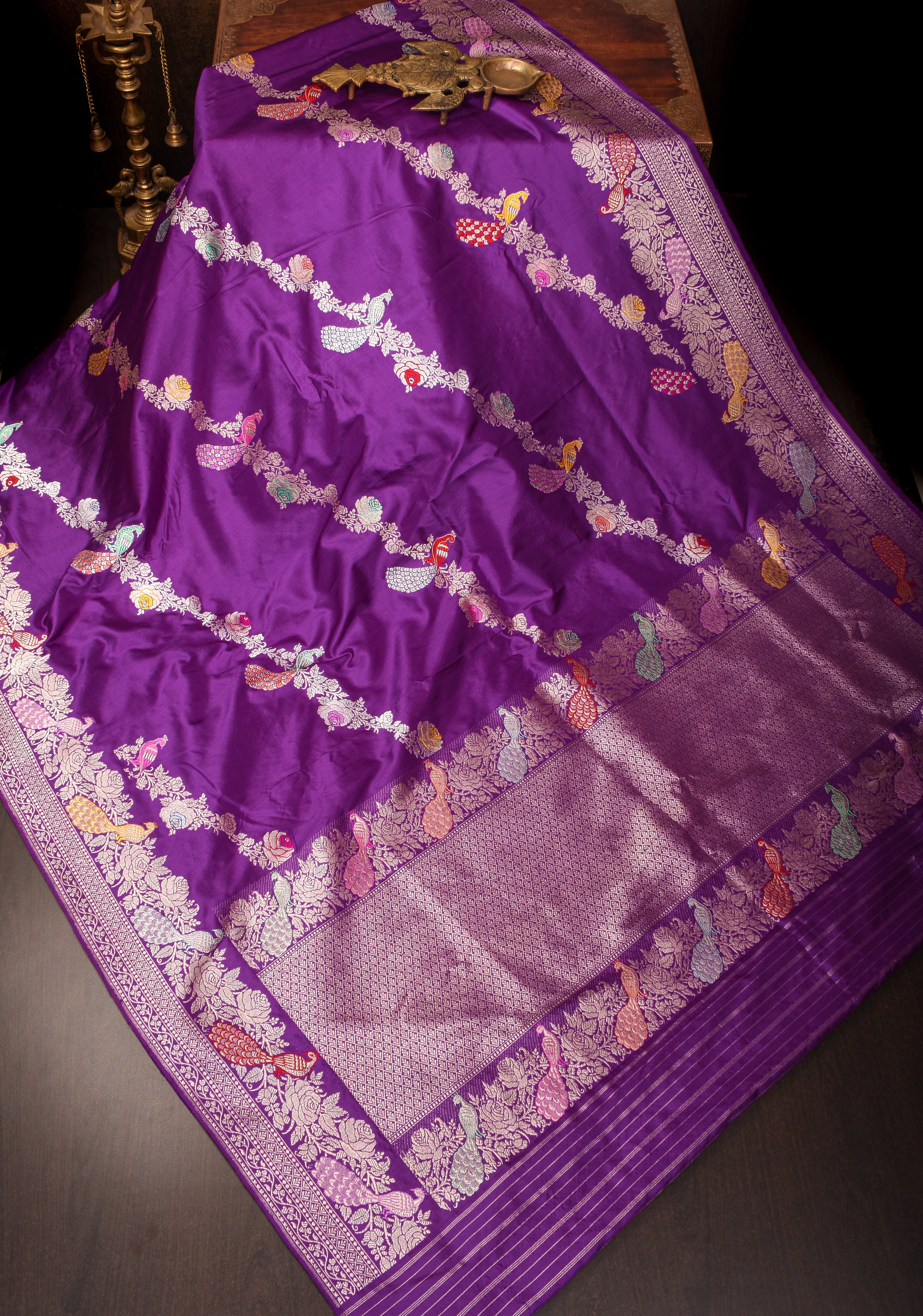 Purple Meenakari Banarasi Silk Saree  Shikaargah Leheria Jaal|CERTIFIED SILK