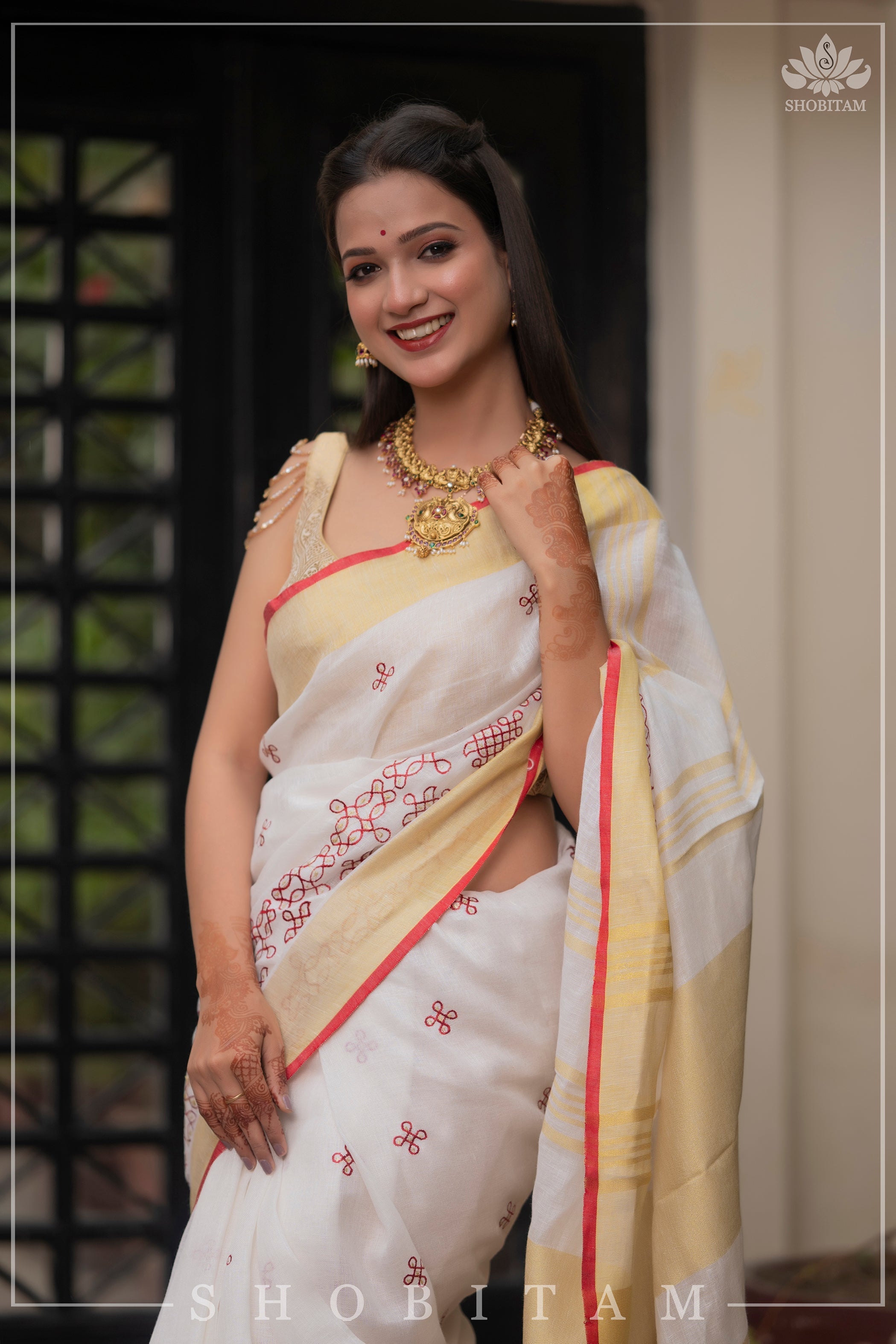 Shobitam Exclusive - Rangoli Embroidered Border on Pure Linen by Linen Saree in White, Red and Gold
