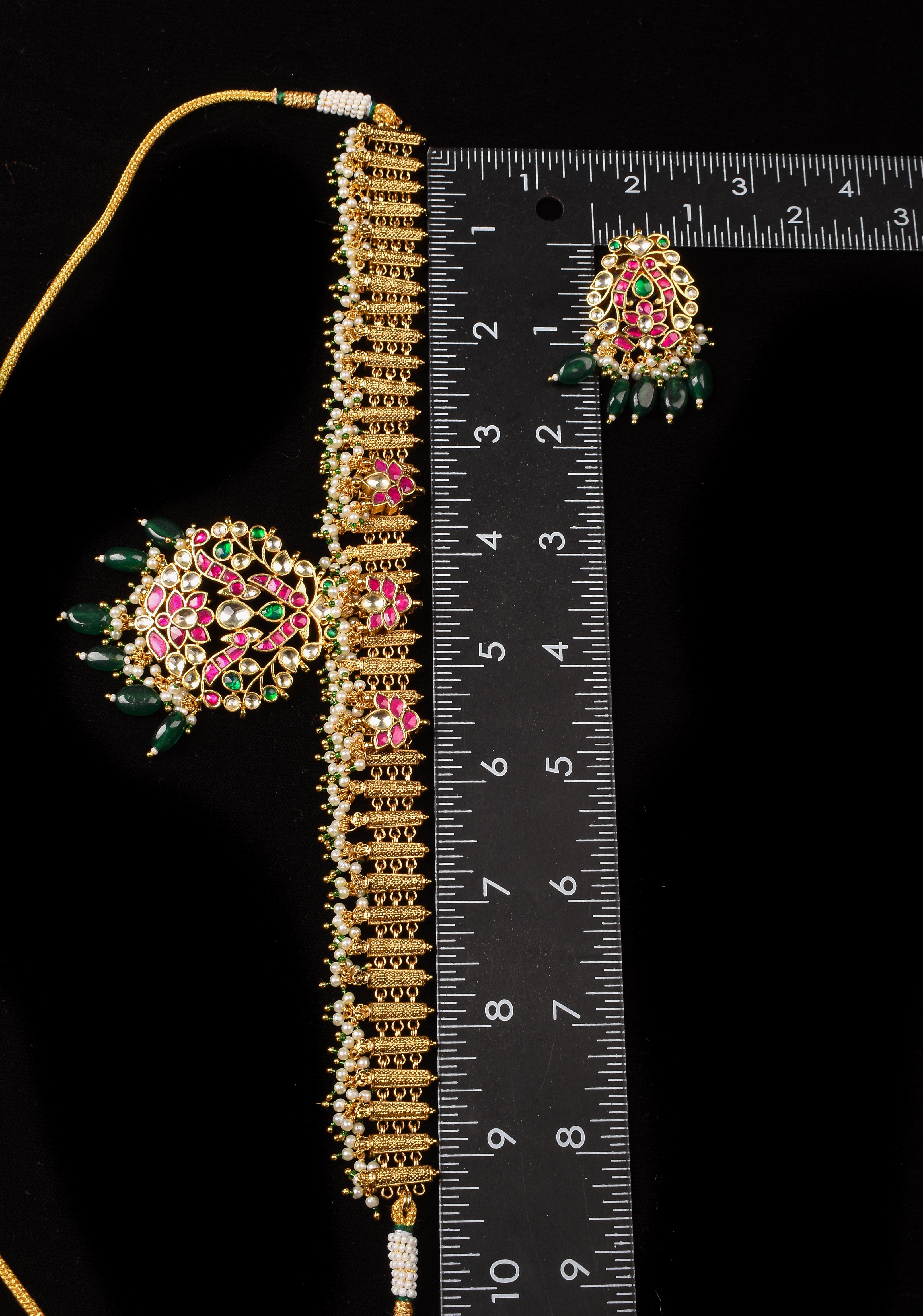 Ahmedabadi Jadau Necklace and Eaarings set in Microplated Gold finish