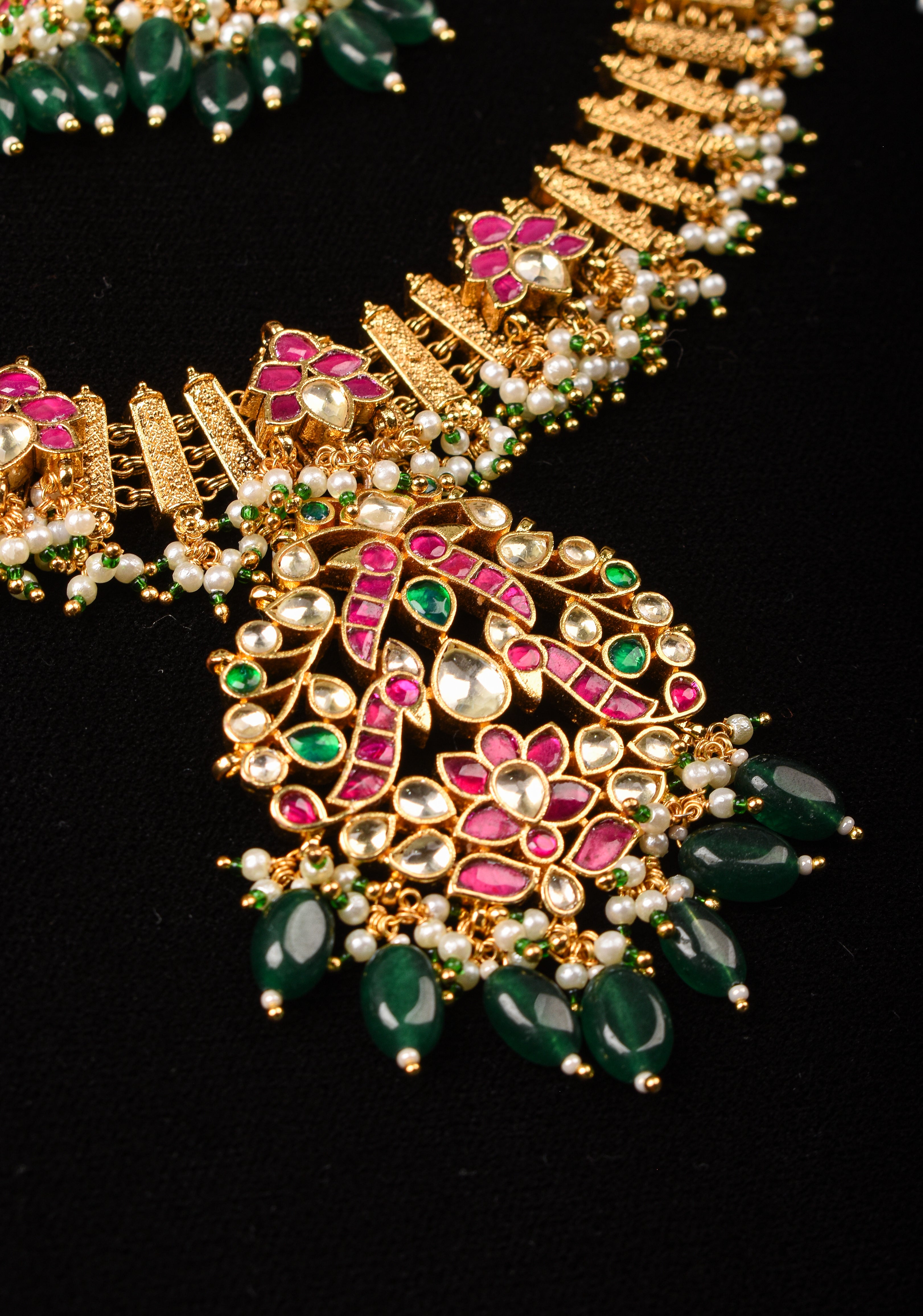 Ahmedabadi Jadau Necklace and Eaarings set in Microplated Gold finish