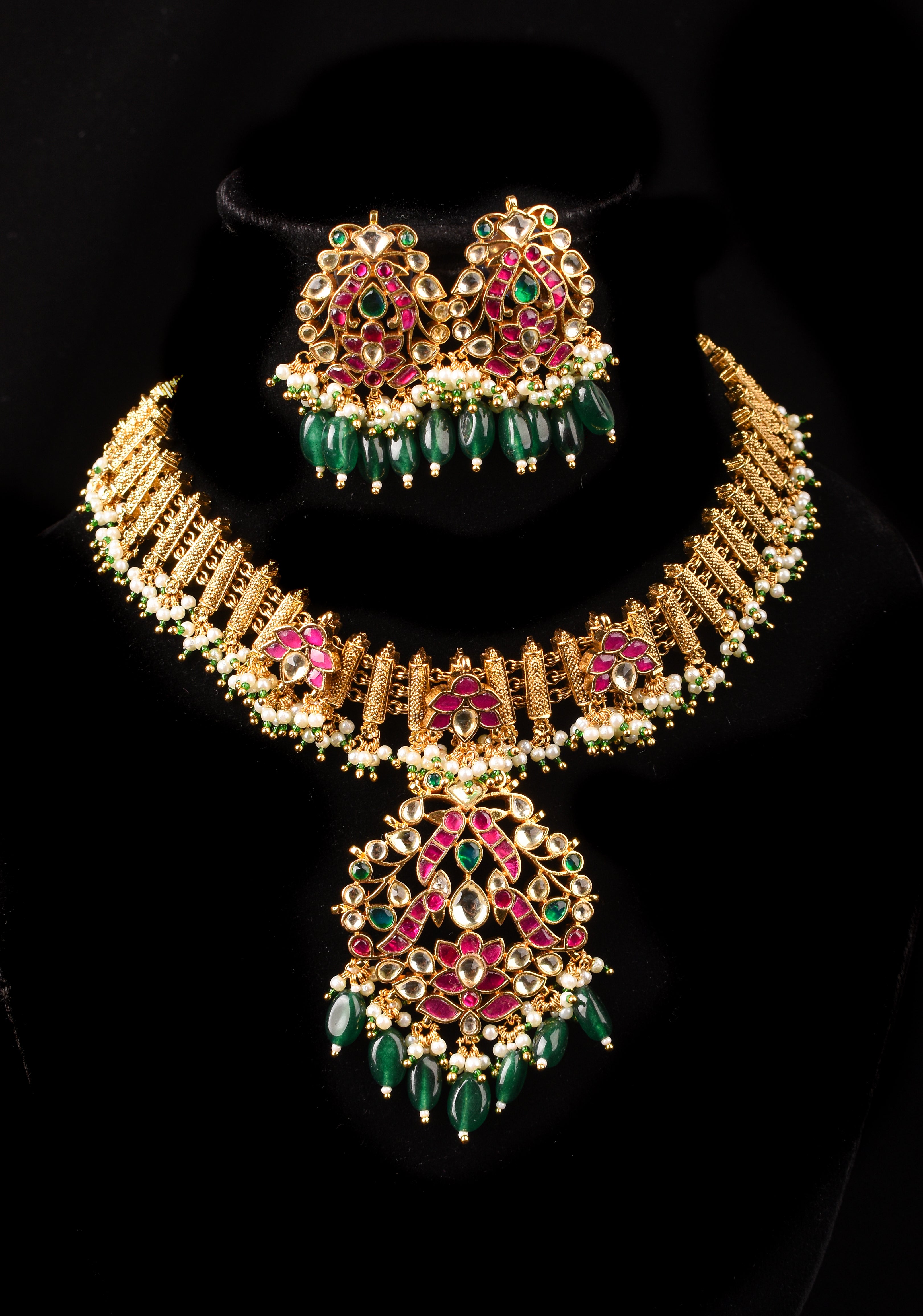 Ahmedabadi Jadau Necklace and Eaarings set in Microplated Gold finish