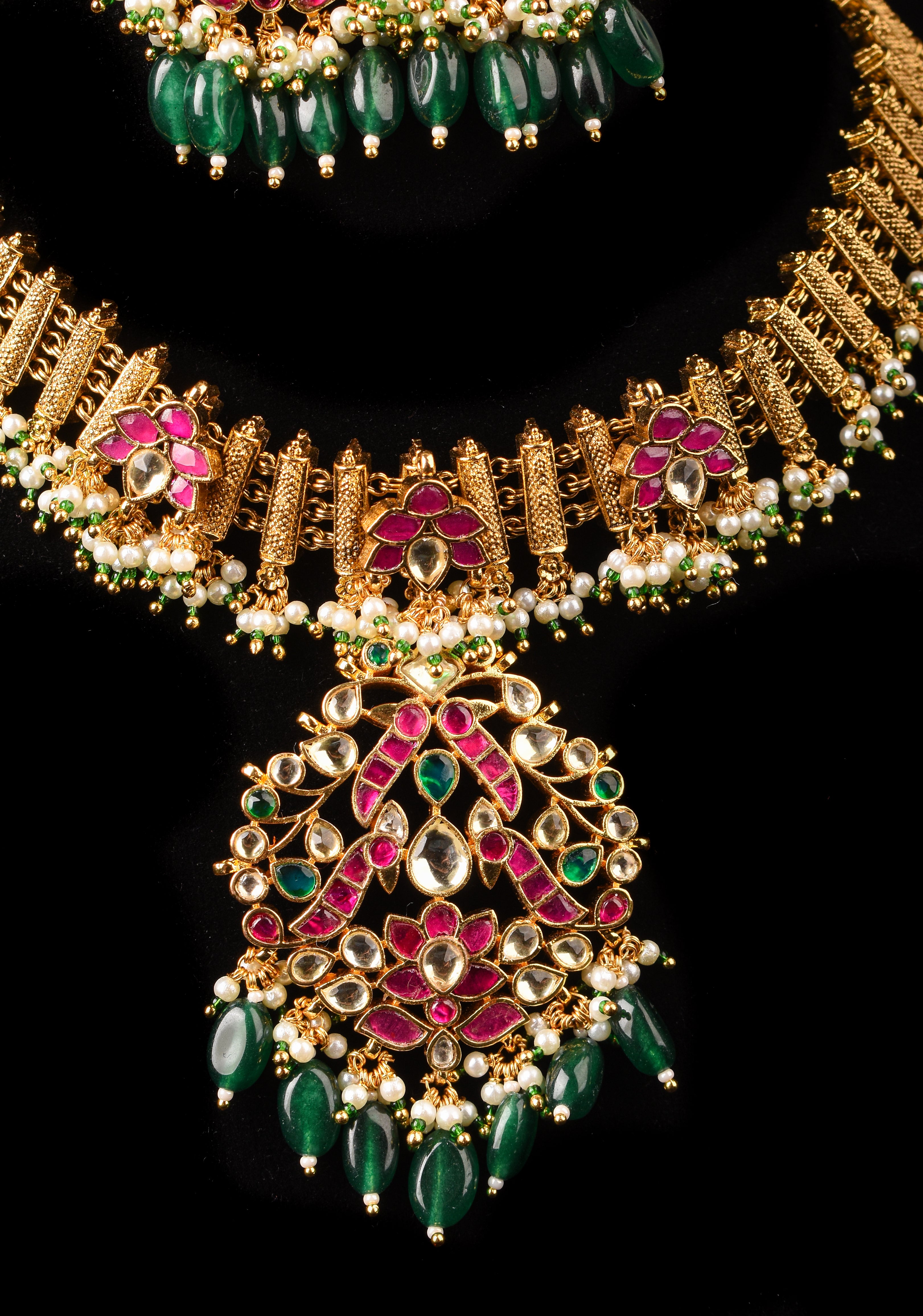 Ahmedabadi Jadau Necklace and Eaarings set in Microplated Gold finish