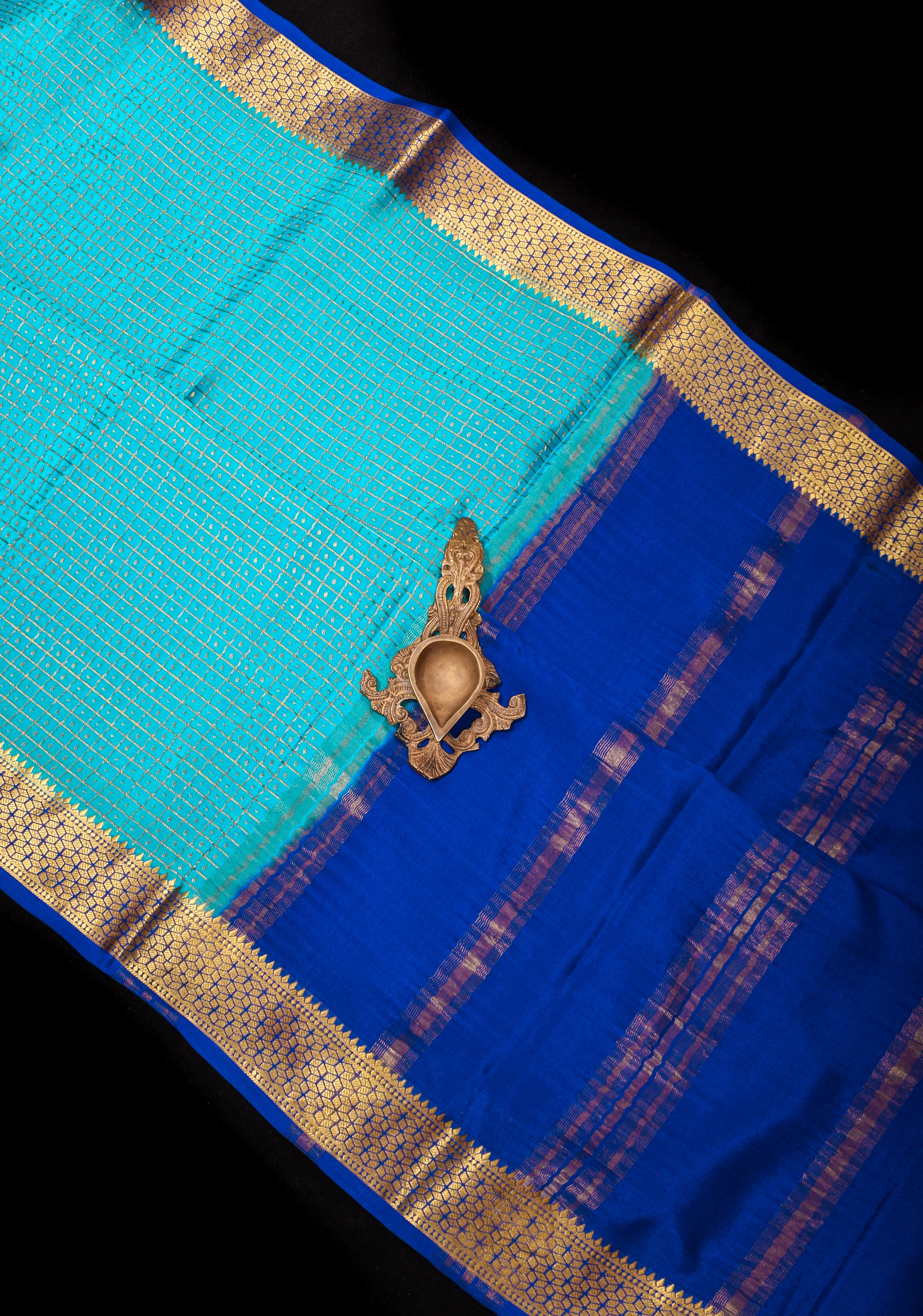 Turquoise 1000 Butta Zari embellished Pure Mysore silk saree with Royal Blue contrast | SILK MARK CERTIFIED