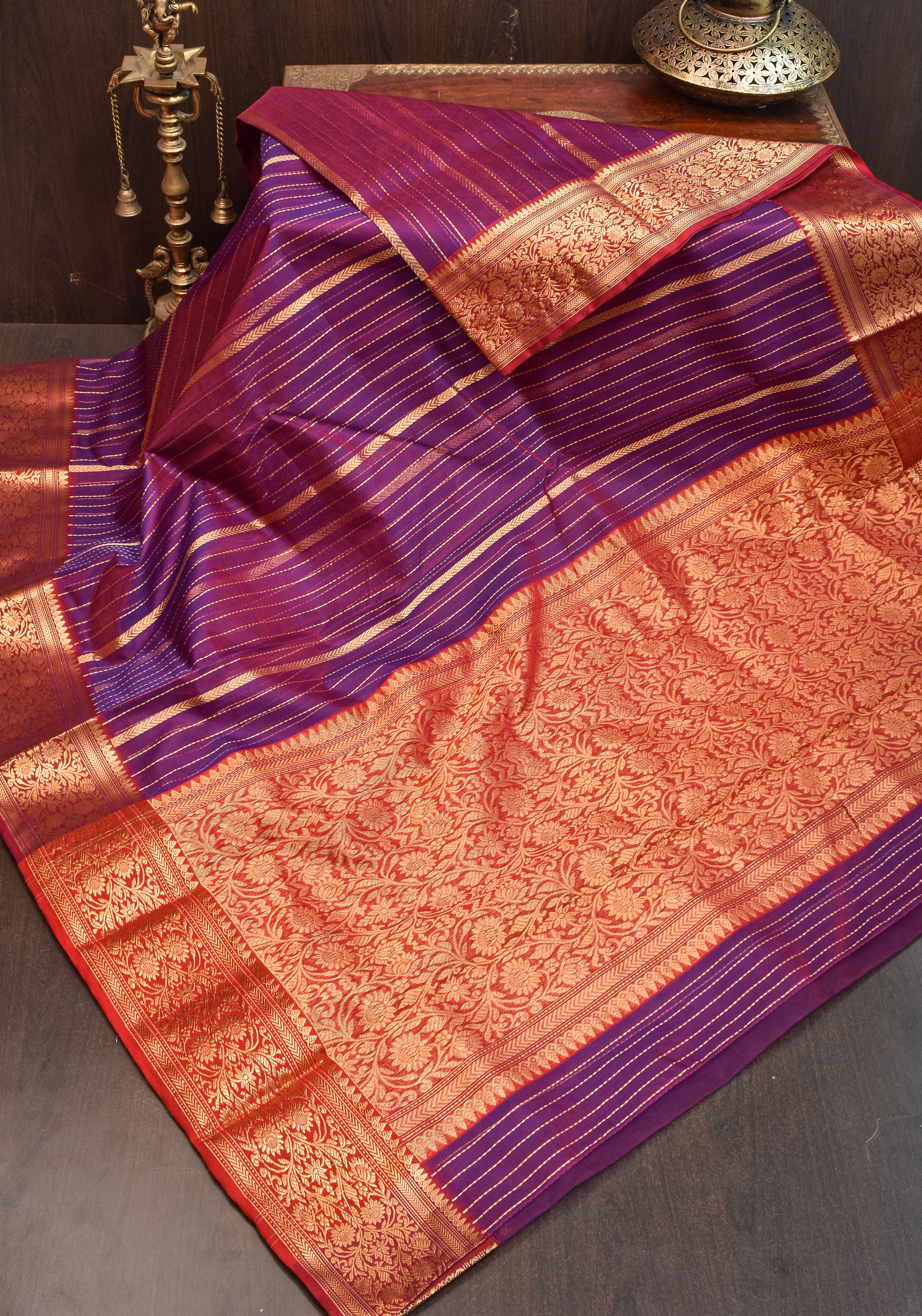 Stunning Striped Chanderi Silk Saree in Purple Maroon Dual Tone with Contrast Red Border and Zari