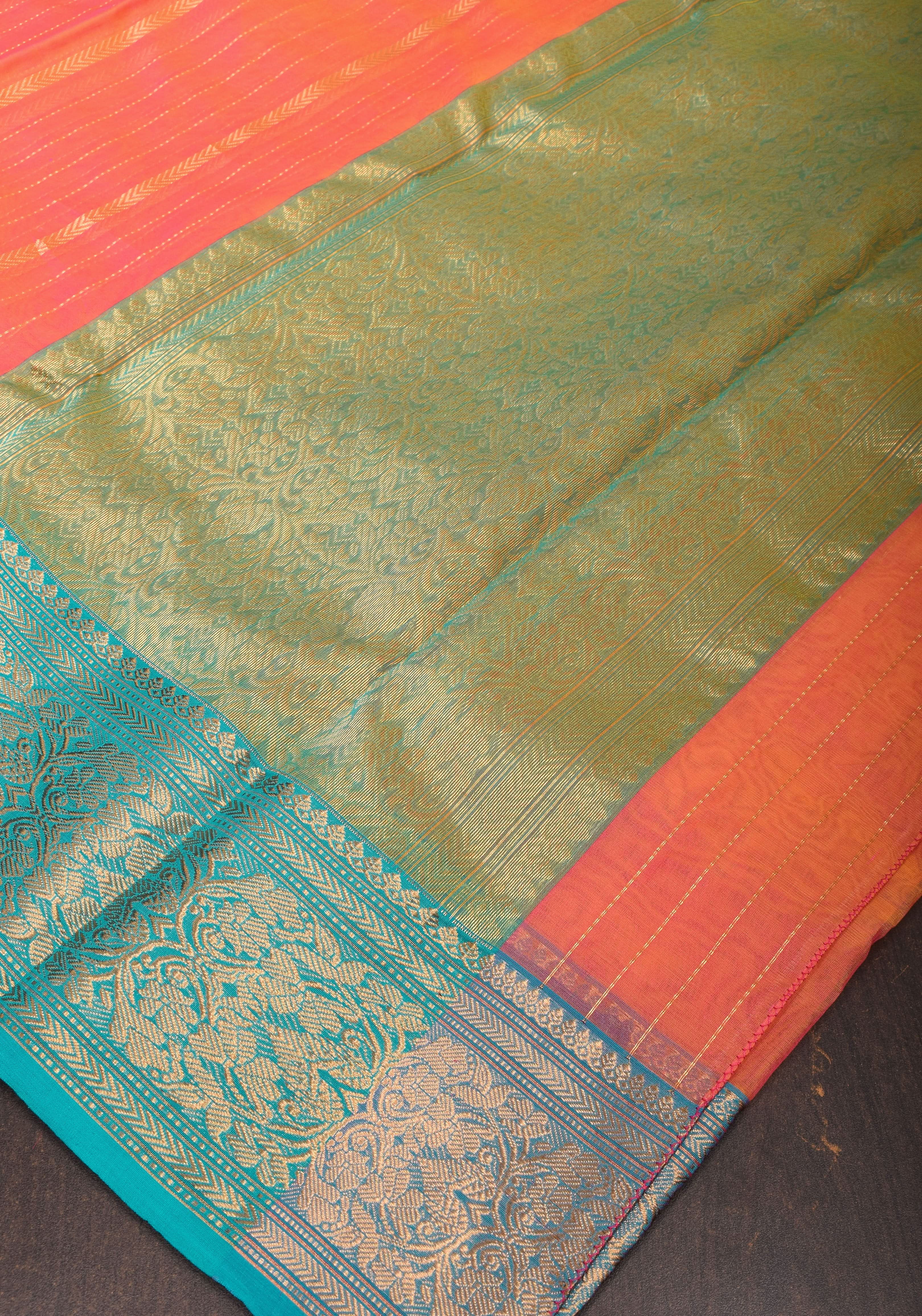 Stunning Striped Chanderi Silk Saree in Orange Dual Tone with Contrast Turquoise Border and Zari