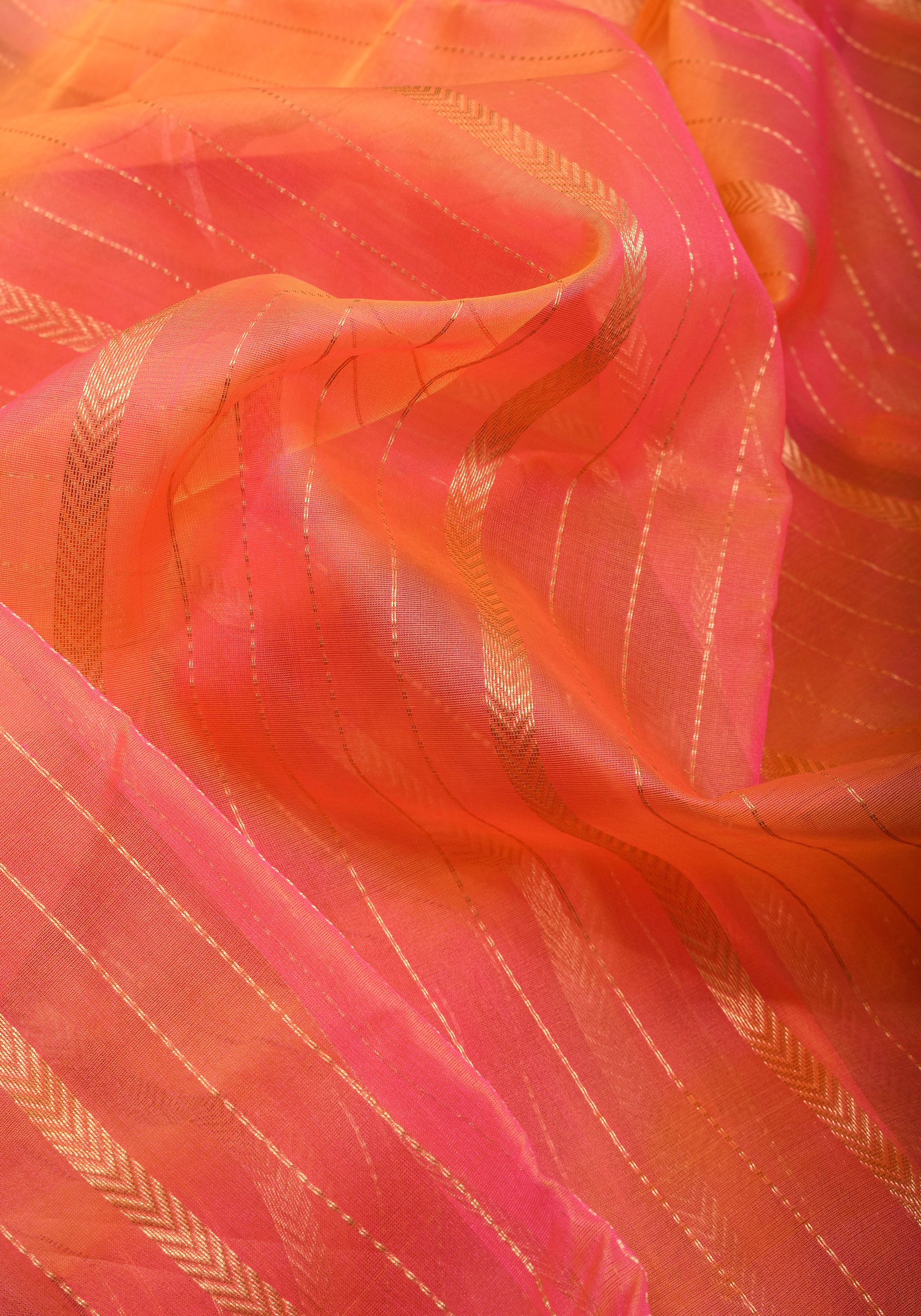 Stunning Striped Chanderi Silk Saree in Orange Dual Tone with Contrast Turquoise Border and Zari