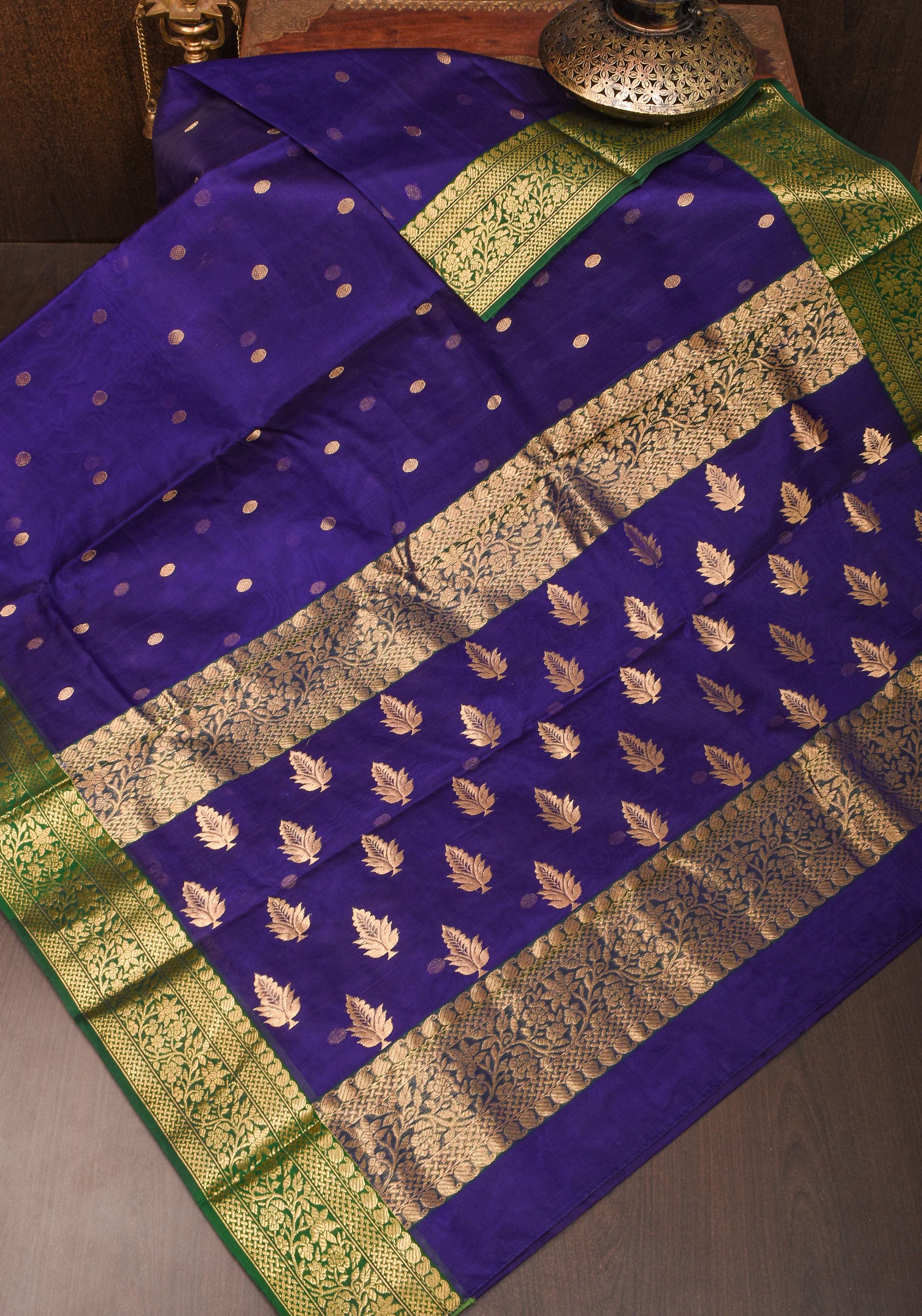 Chanderi Silk Saree in Blue with coin motifs and zari border on Green Base