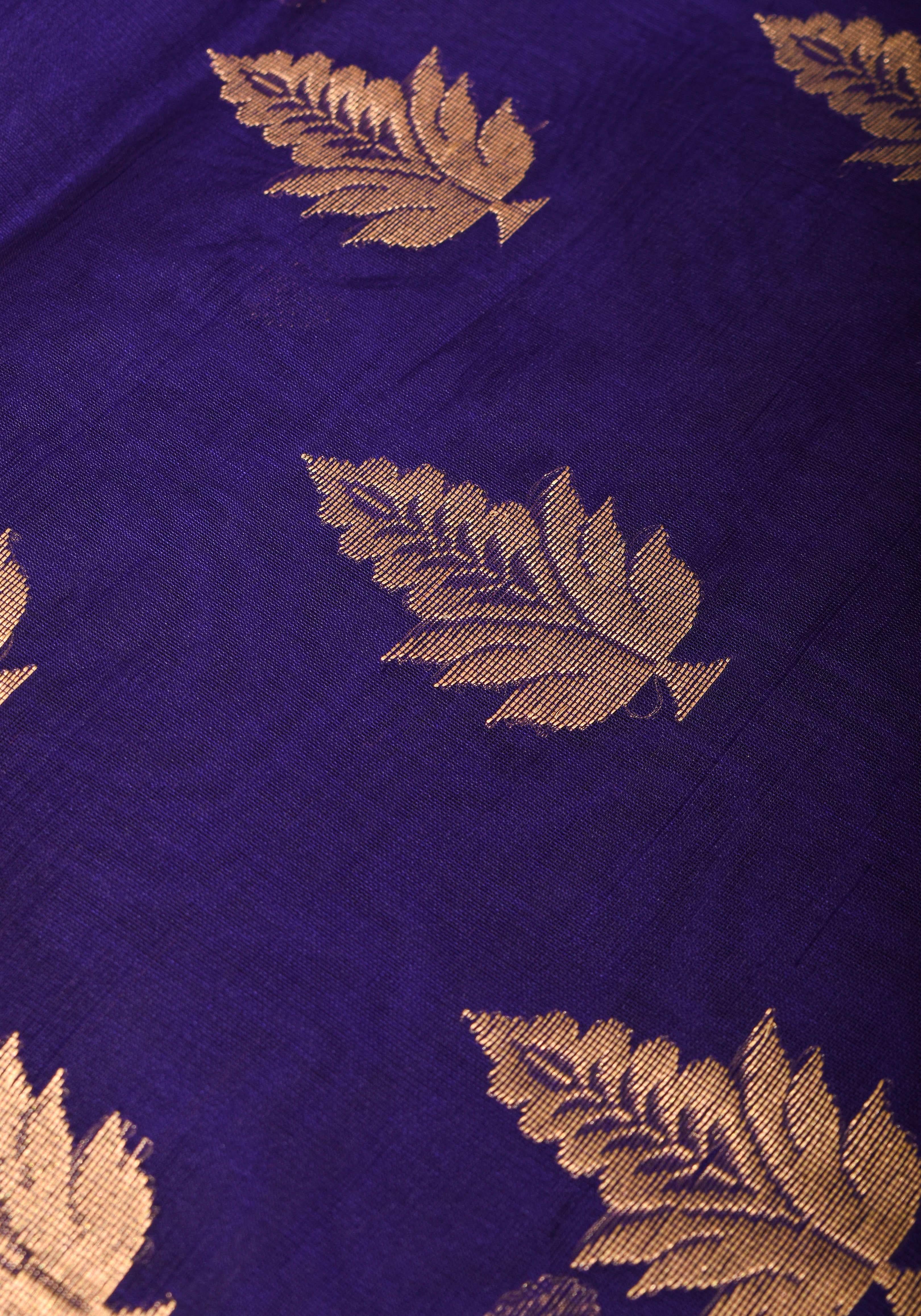 Chanderi Silk Saree in Blue with coin motifs and zari border on Green Base