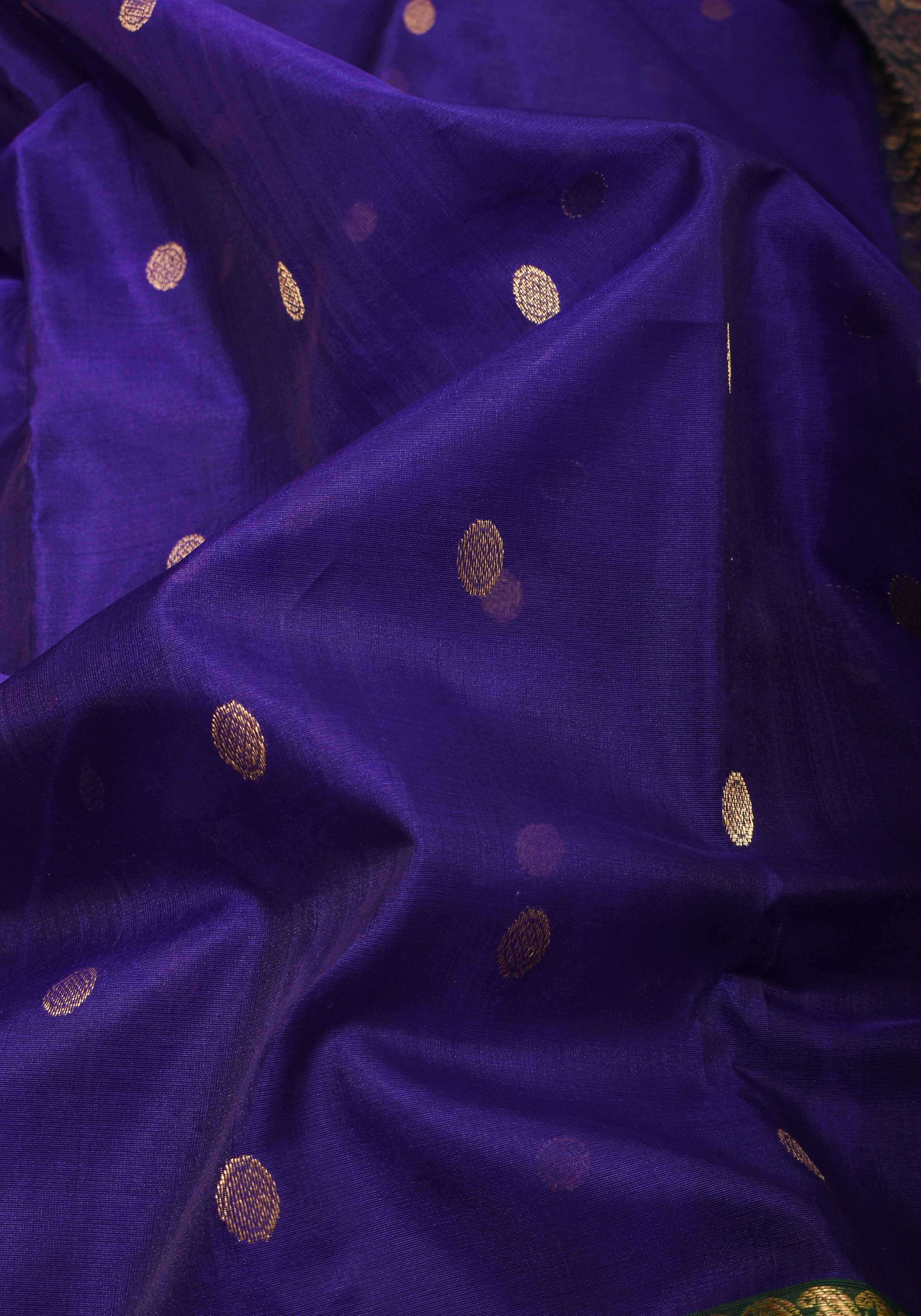 Chanderi Silk Saree in Blue with coin motifs and zari border on Green Base