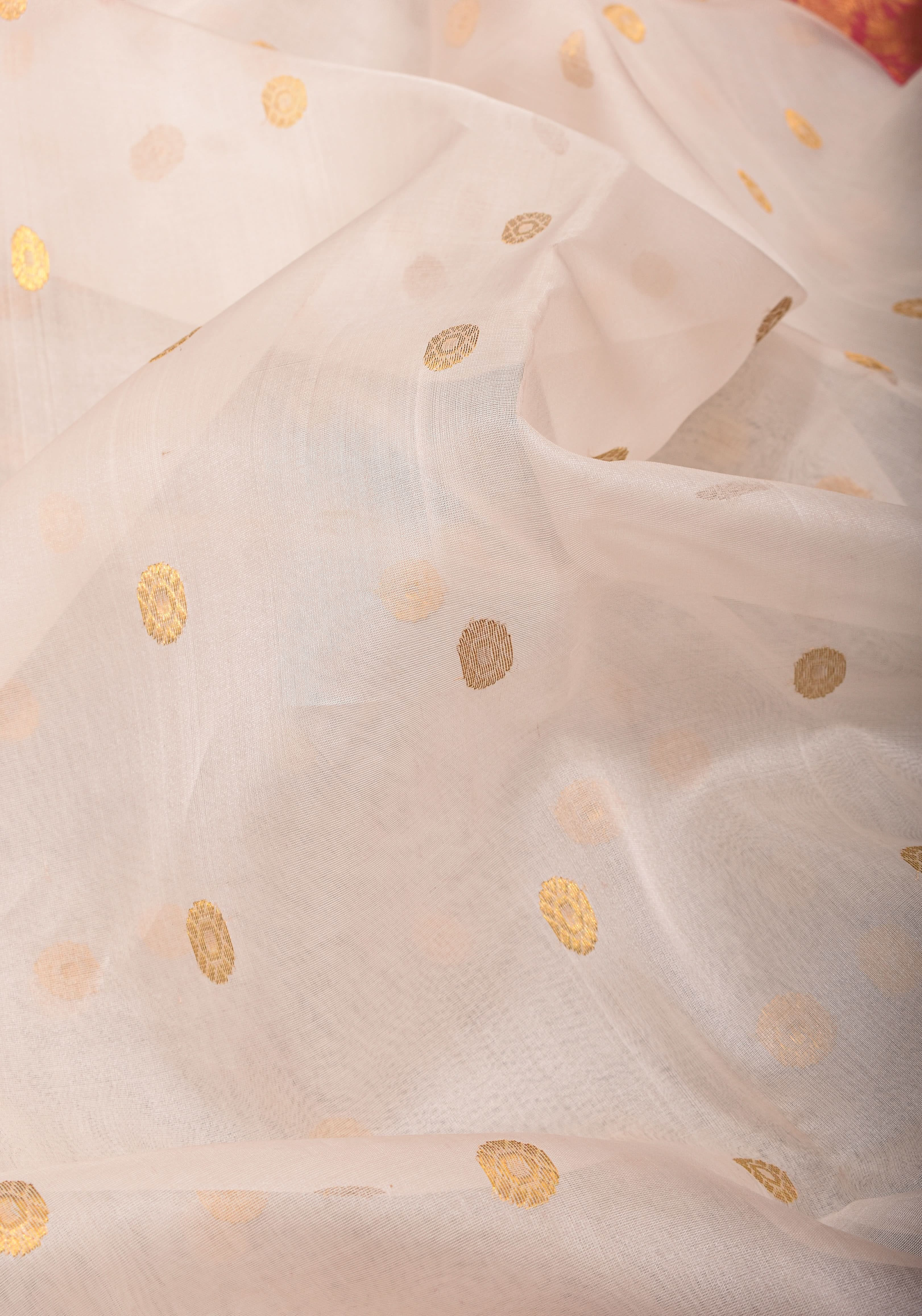 Chanderi Silk Saree in Off white with Zari motifs and Contrast Zari border