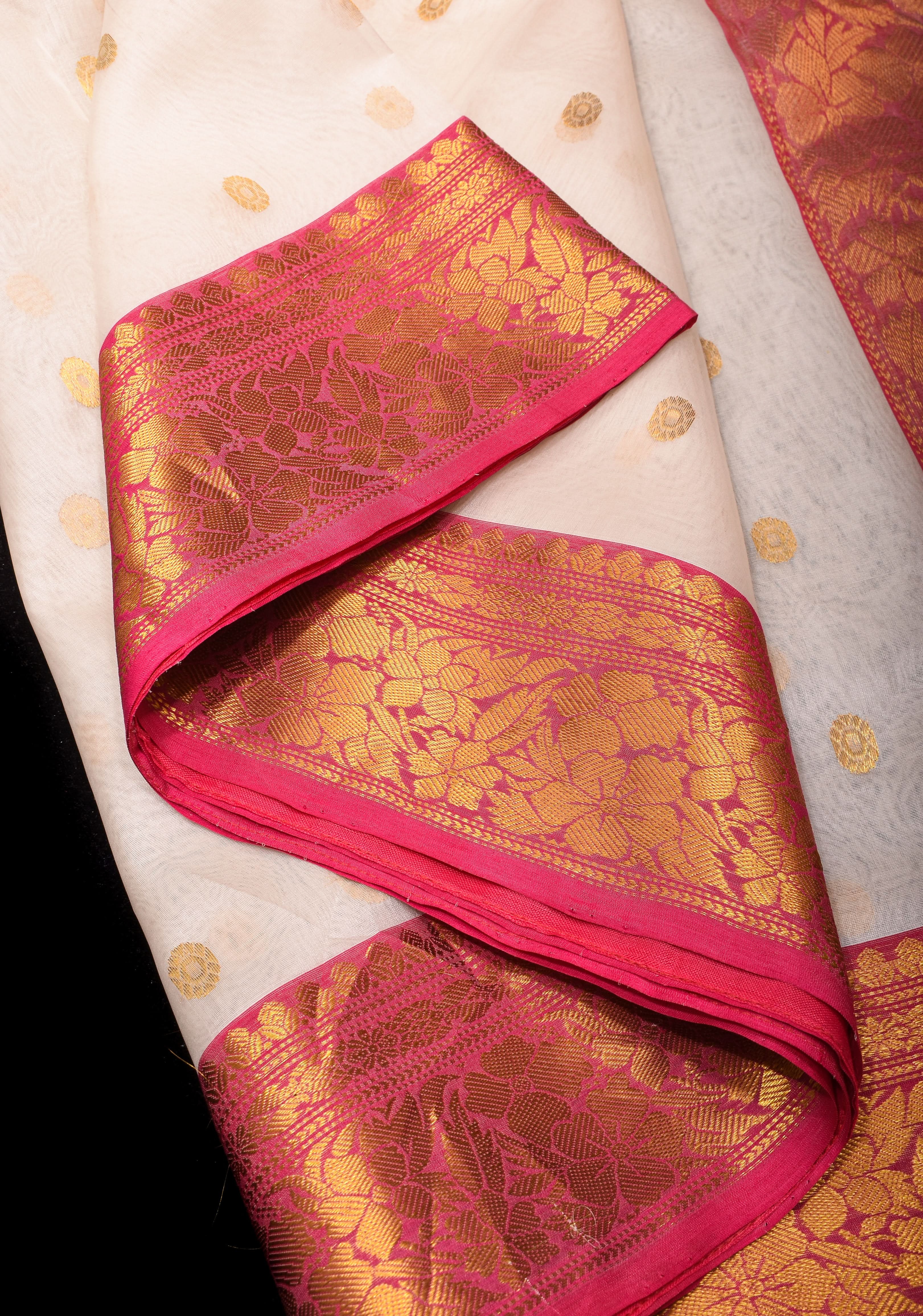 Chanderi Silk Saree in Off white with Zari motifs and Contrast Zari border