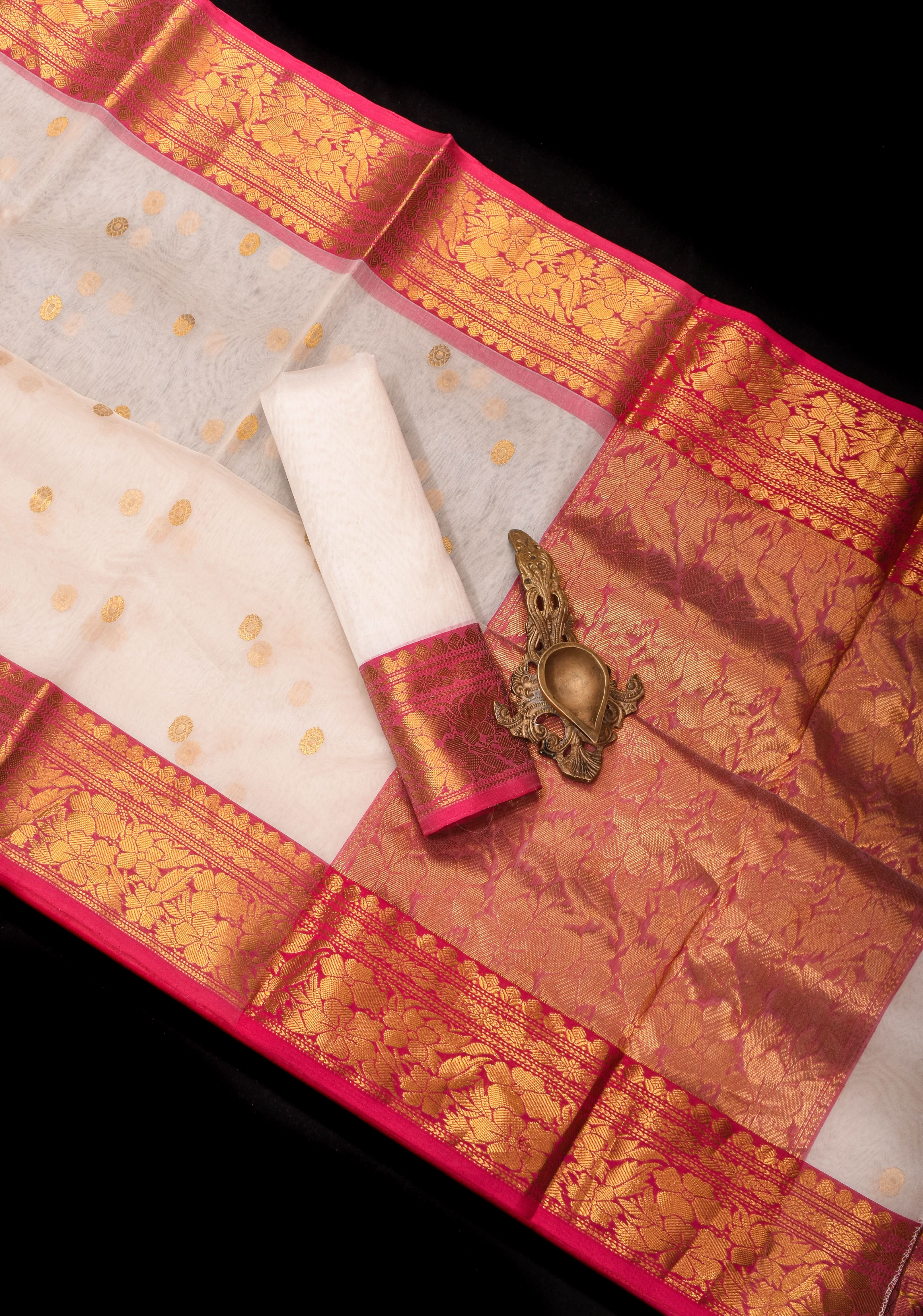 Chanderi Silk Saree in Off white with Zari motifs and Contrast Zari border