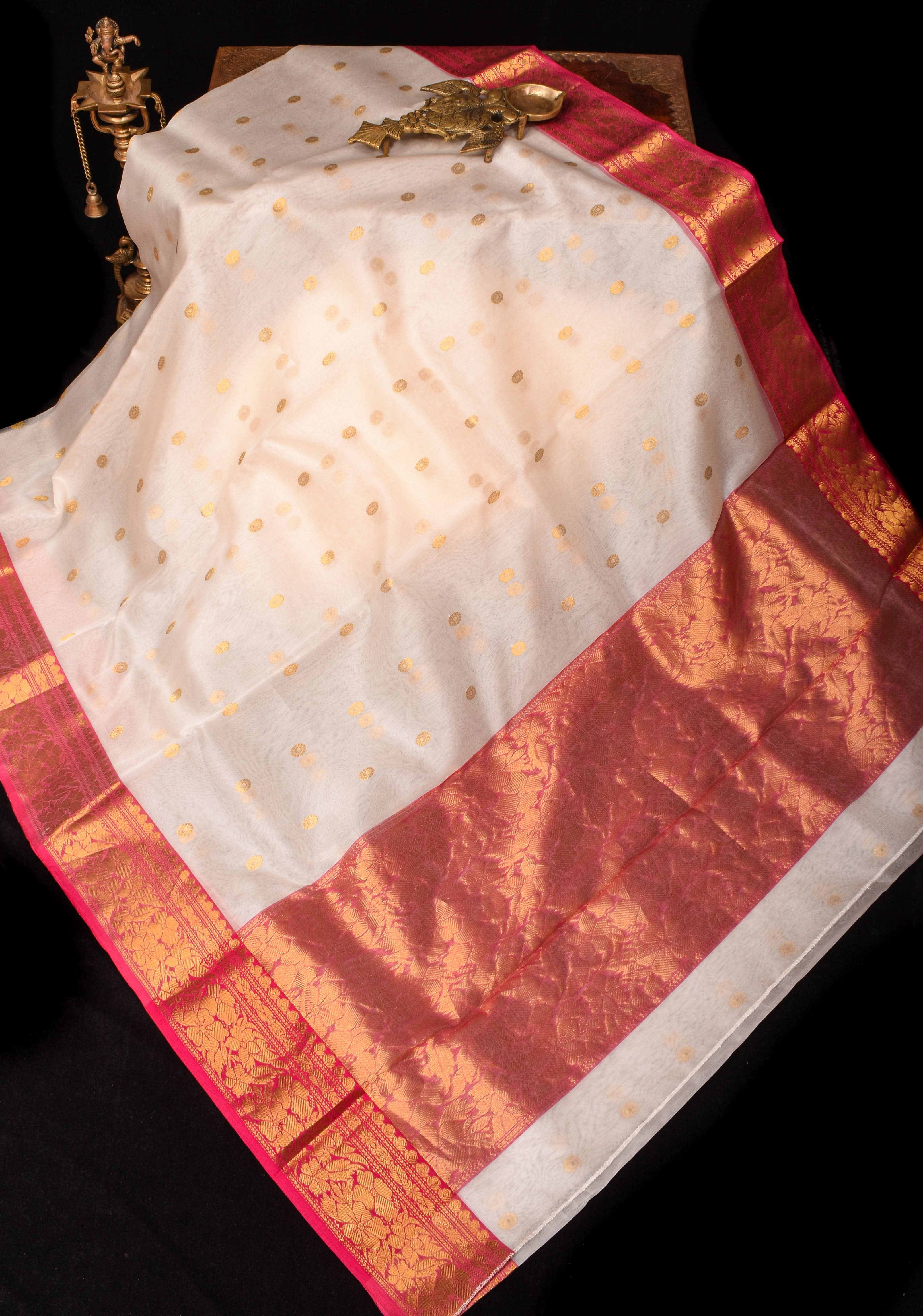 Chanderi Silk Saree in Off white with Zari motifs and Contrast Zari border