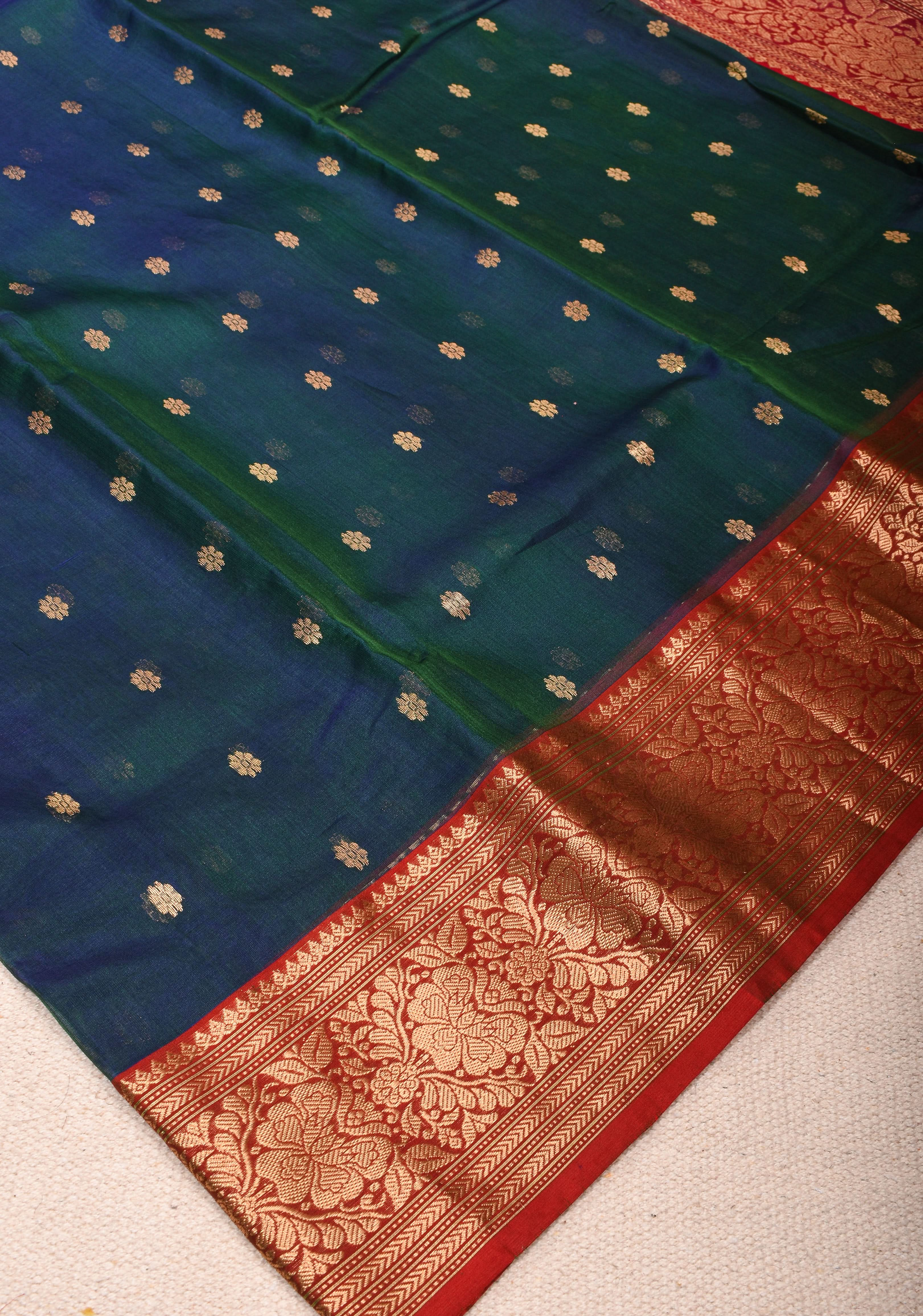 Peacock Blue Chanderi Silk Saree with Zari Floral Buttas