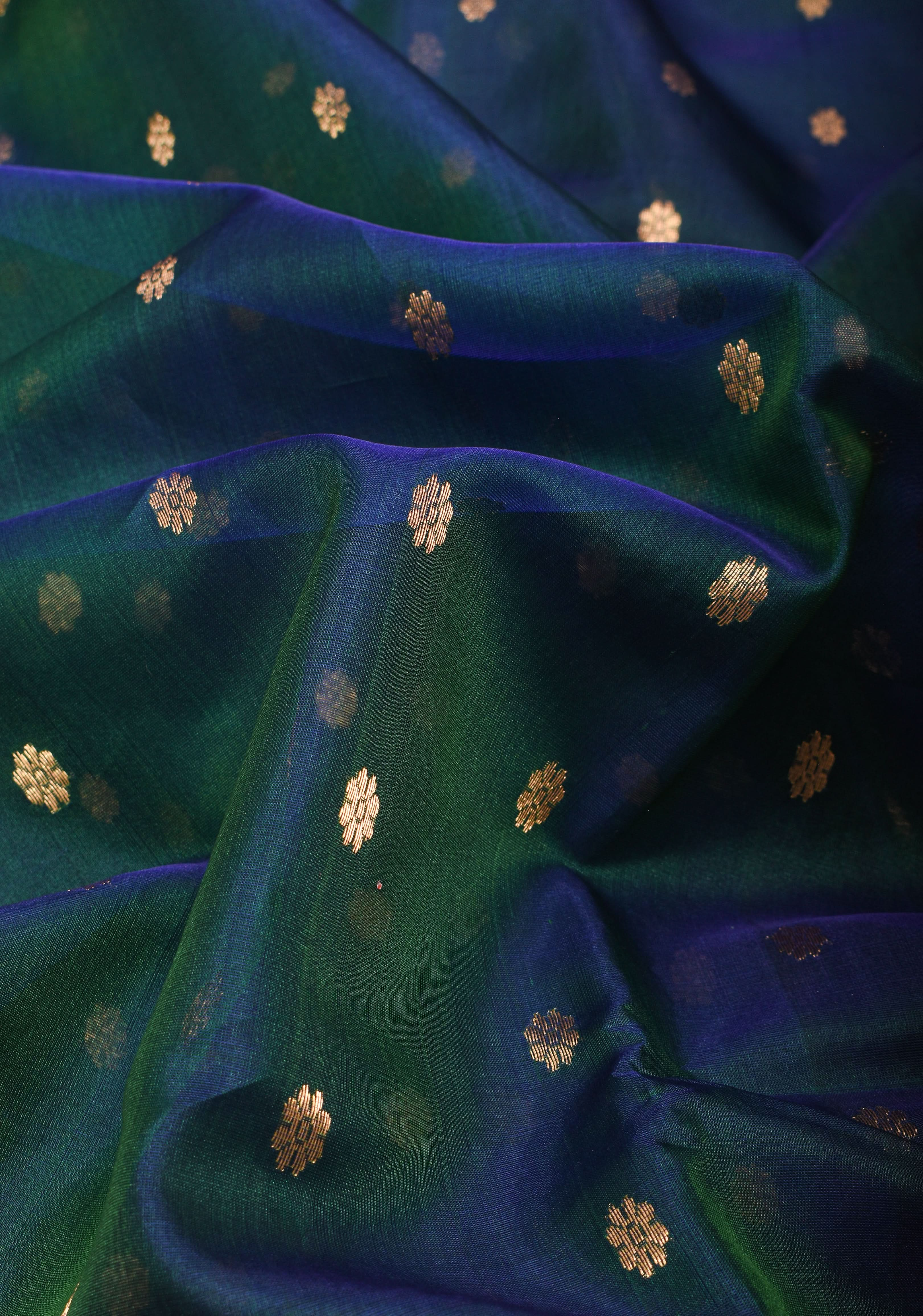 Peacock Blue Chanderi Silk Saree with Zari Floral Buttas