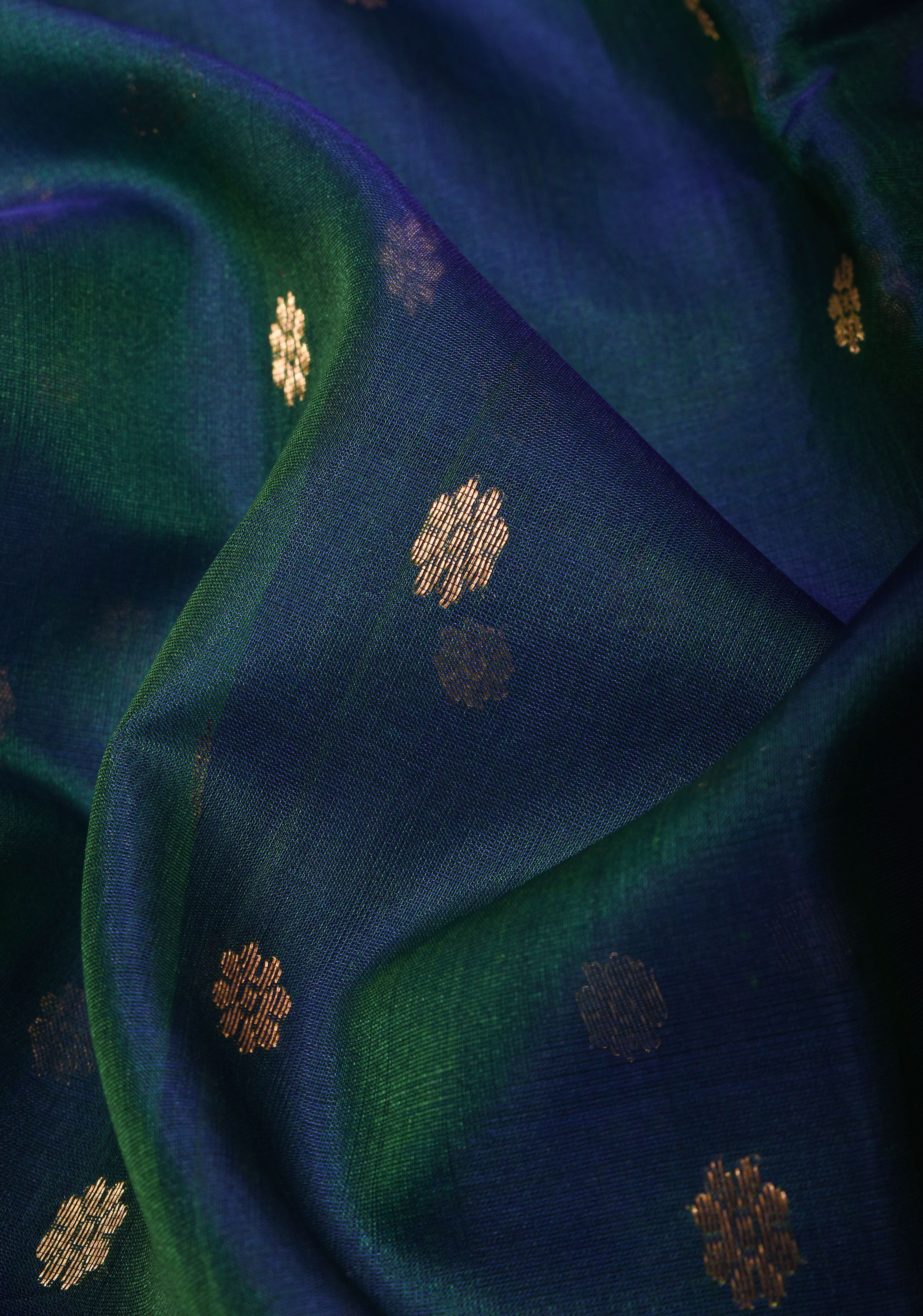 Peacock Blue Chanderi Silk Saree with Zari Floral Buttas