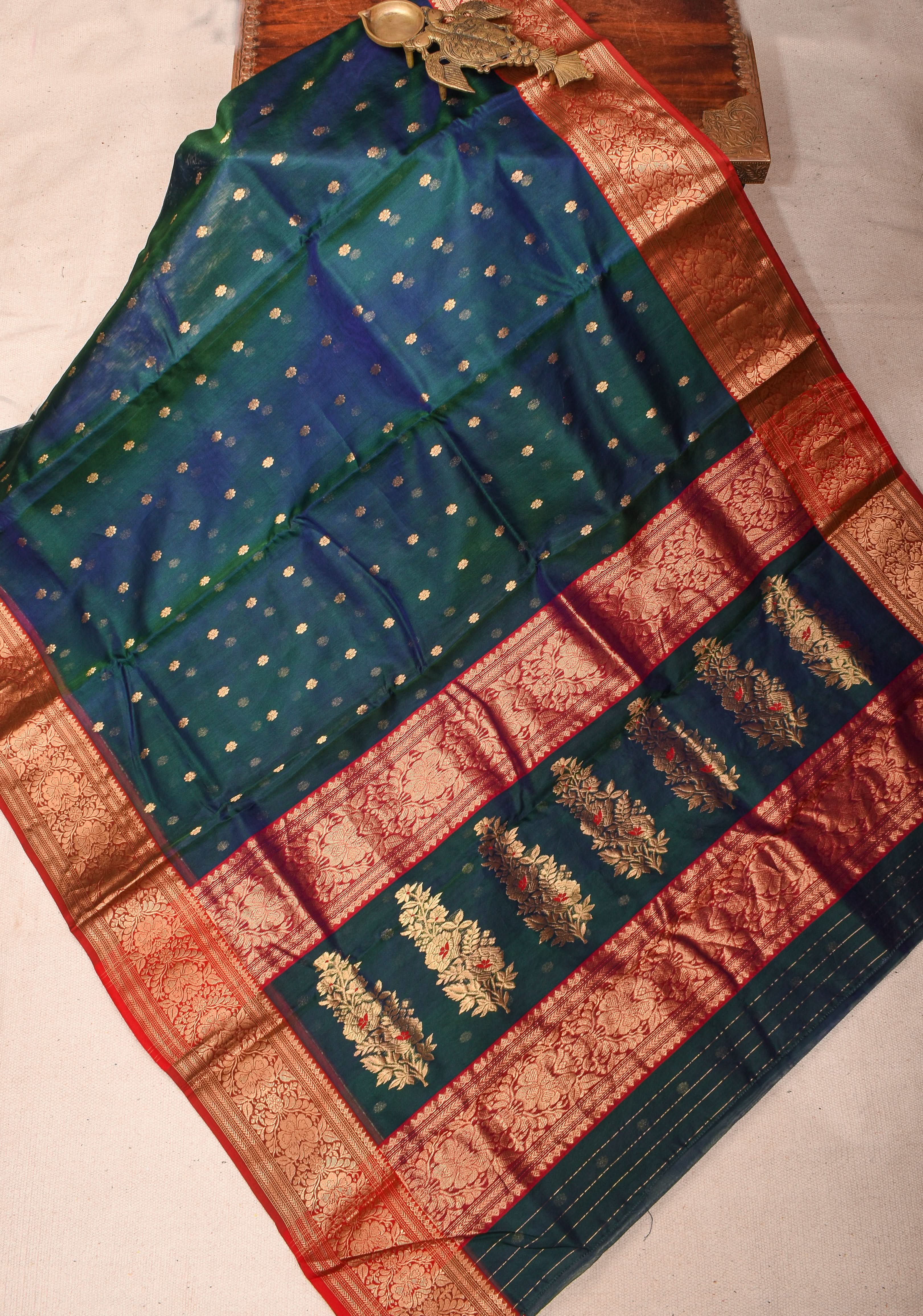 Peacock Blue Chanderi Silk Saree with Zari Floral Buttas