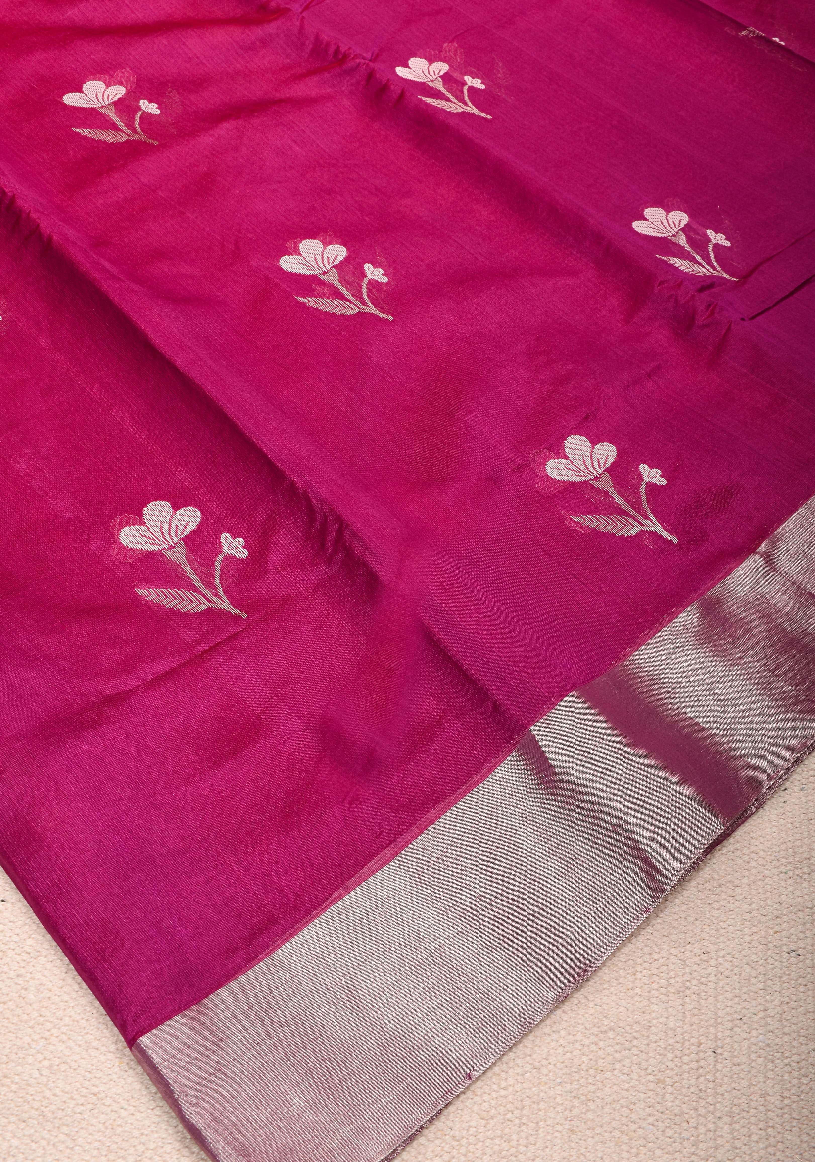 Magenta Chanderi Silk Saree with Floral Buttas and Zari Border