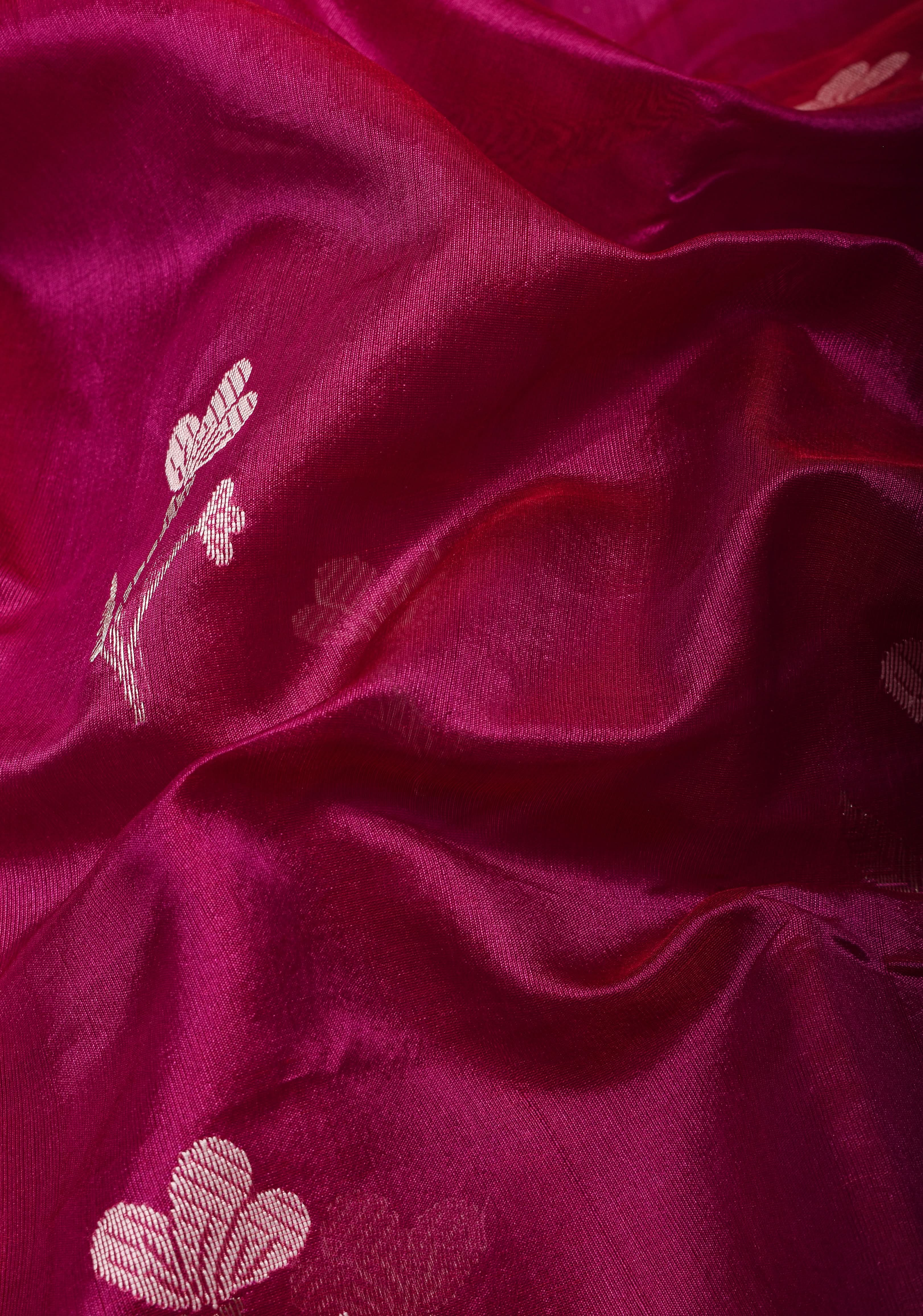 Magenta Chanderi Silk Saree with Floral Buttas and Zari Border