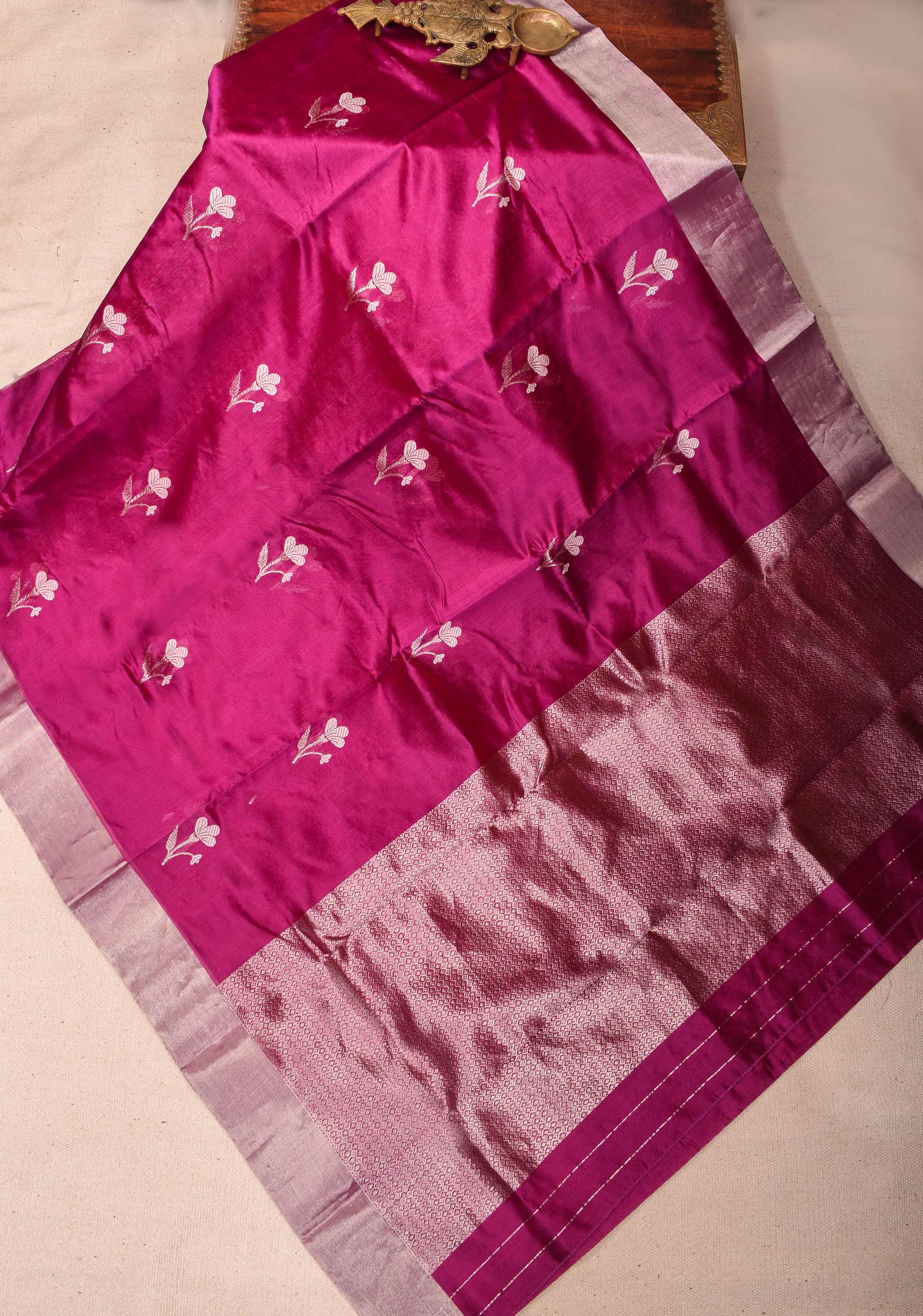 Magenta Chanderi Silk Saree with Floral Buttas and Zari Border