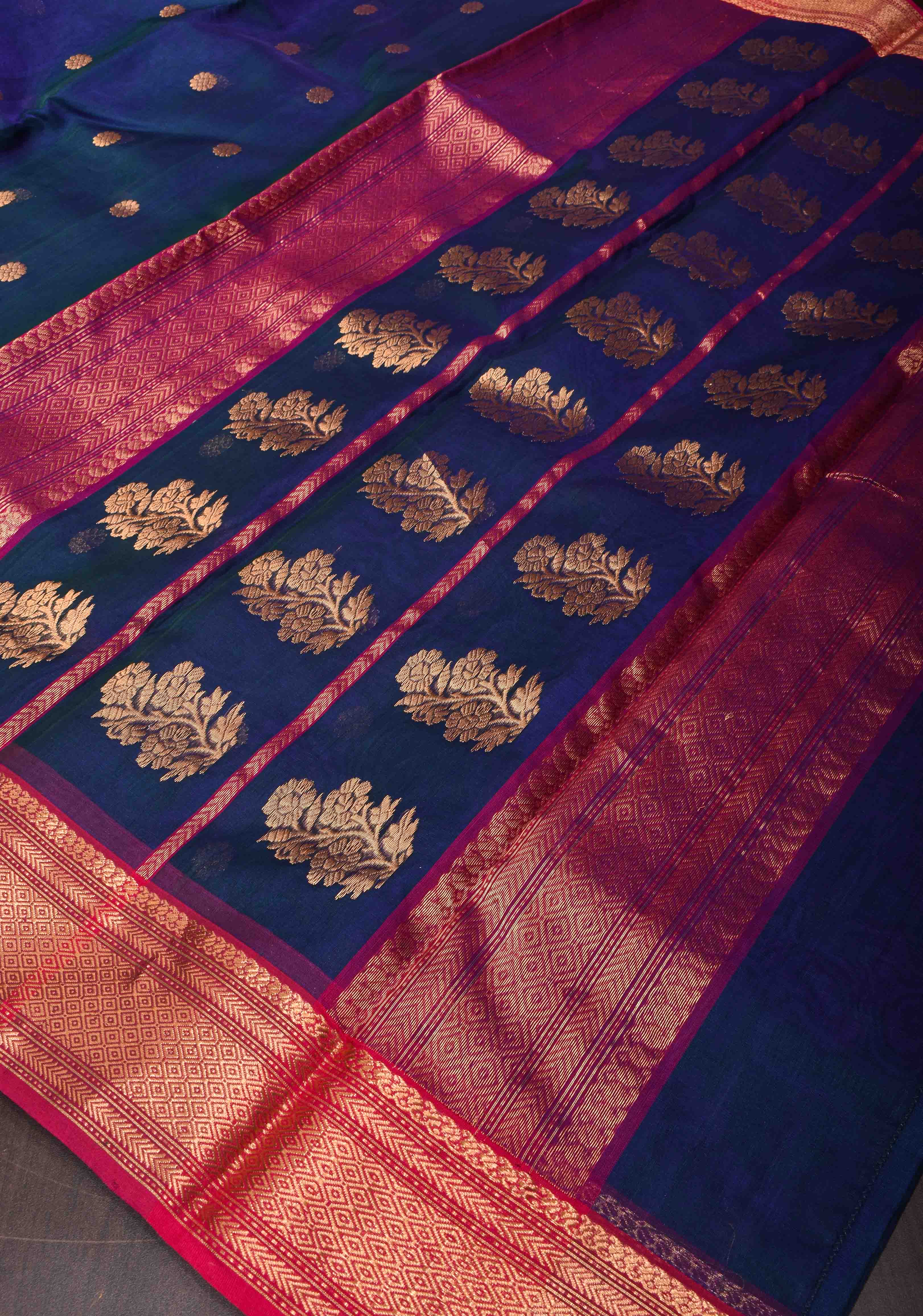 Exquisite Chanderi Silk Saree in Peacock Blue Dual tone with Zari Buttas and Zari Borders