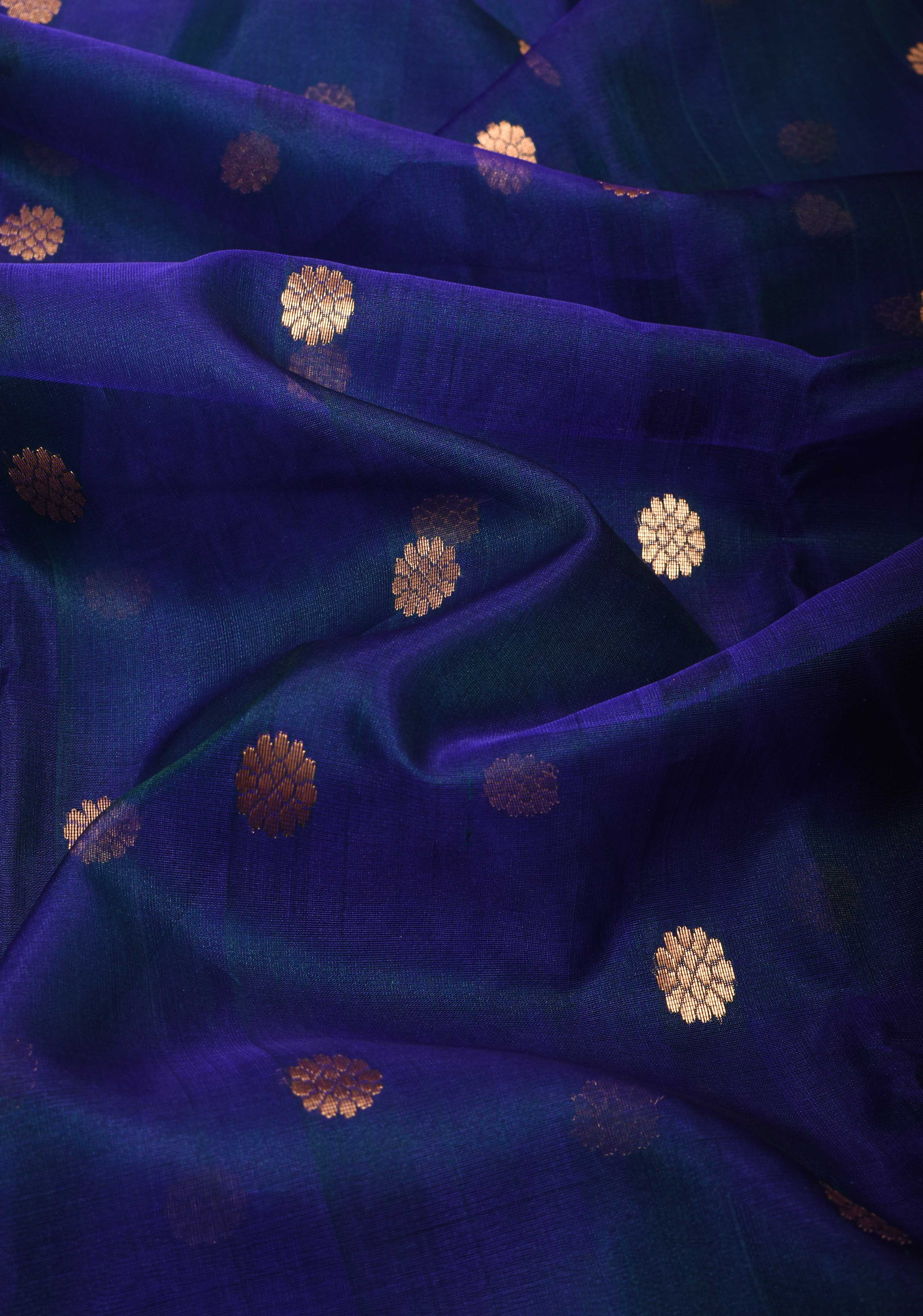 Exquisite Chanderi Silk Saree in Peacock Blue Dual tone with Zari Buttas and Zari Borders