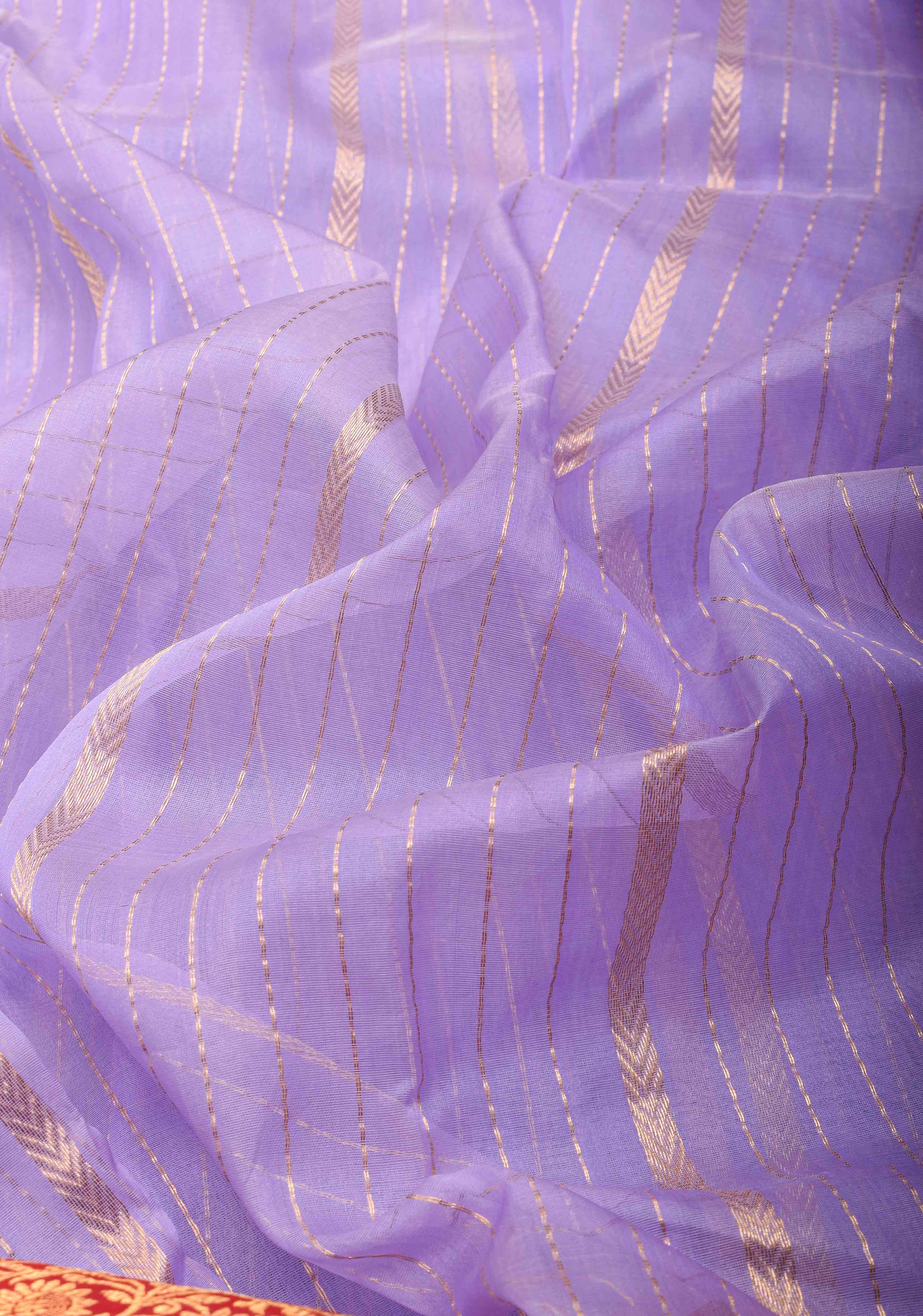 Stunning Vertical Striped Chanderi Silk Saree in Vibrant Purple with a Rich Red Zari Border