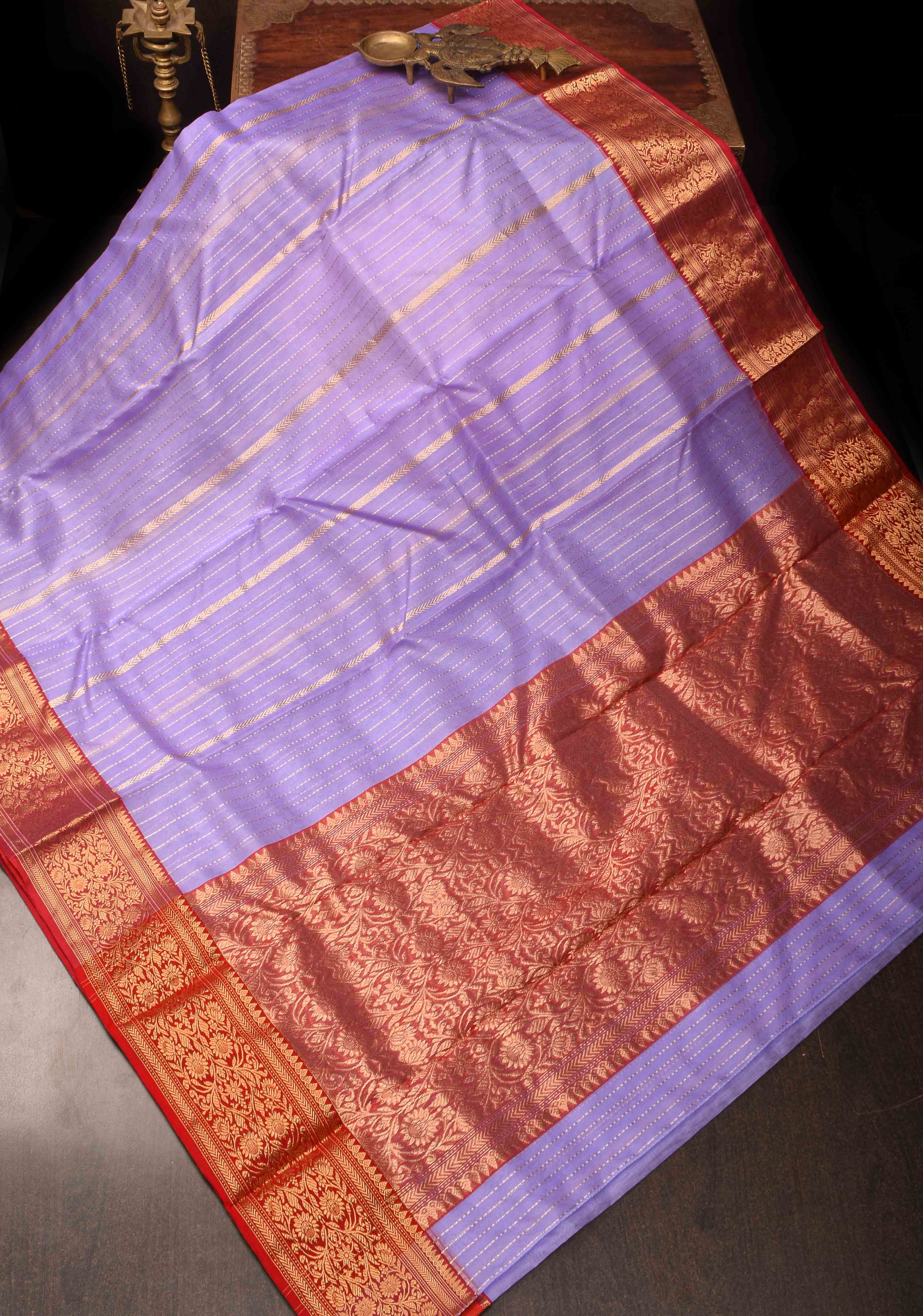 Stunning Vertical Striped Chanderi Silk Saree in Vibrant Purple with a Rich Red Zari Border