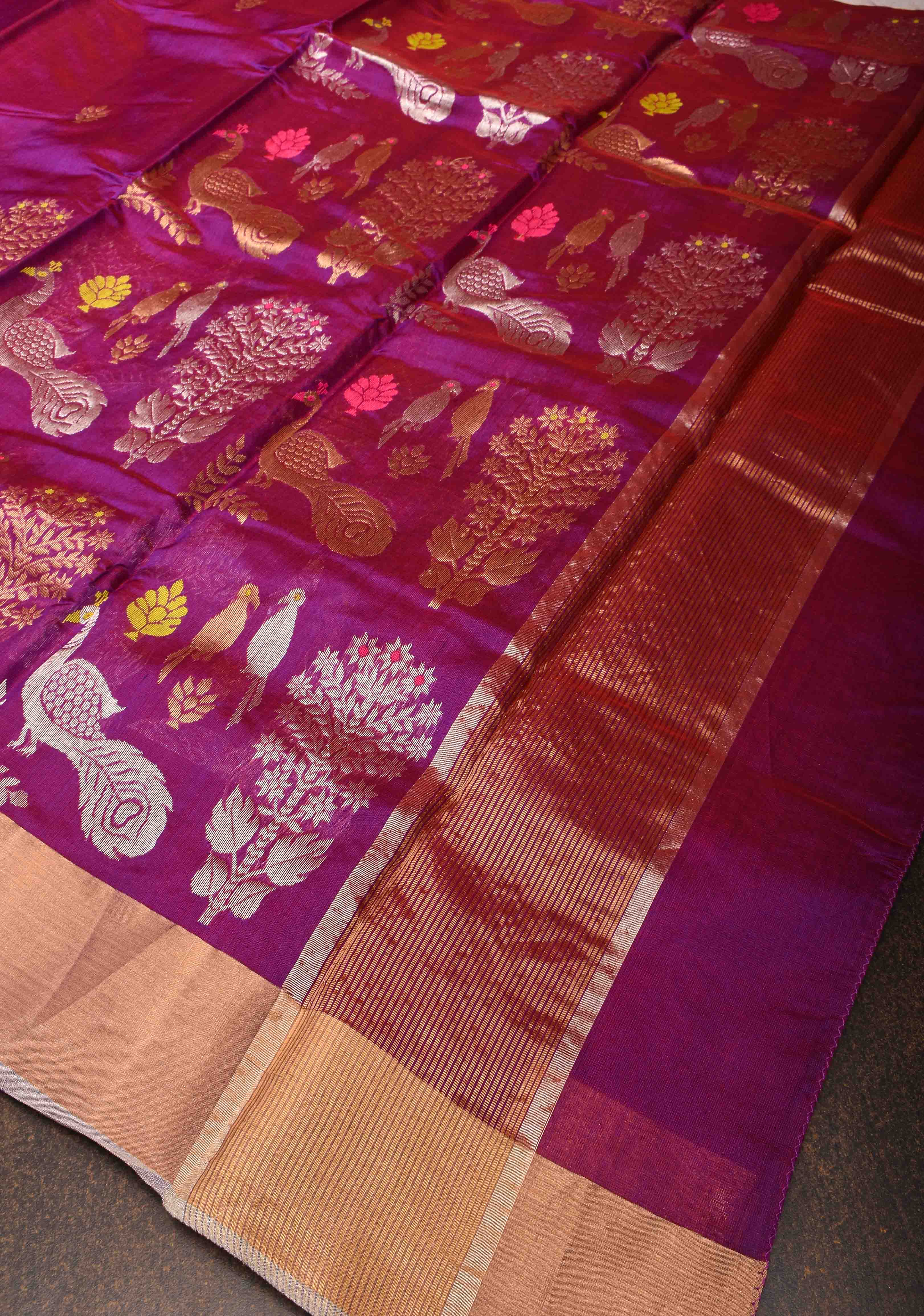 Plum Chanderi Silk Saree with Peacock and Floral Motifs Meenakari weave and Elegant Zari Border