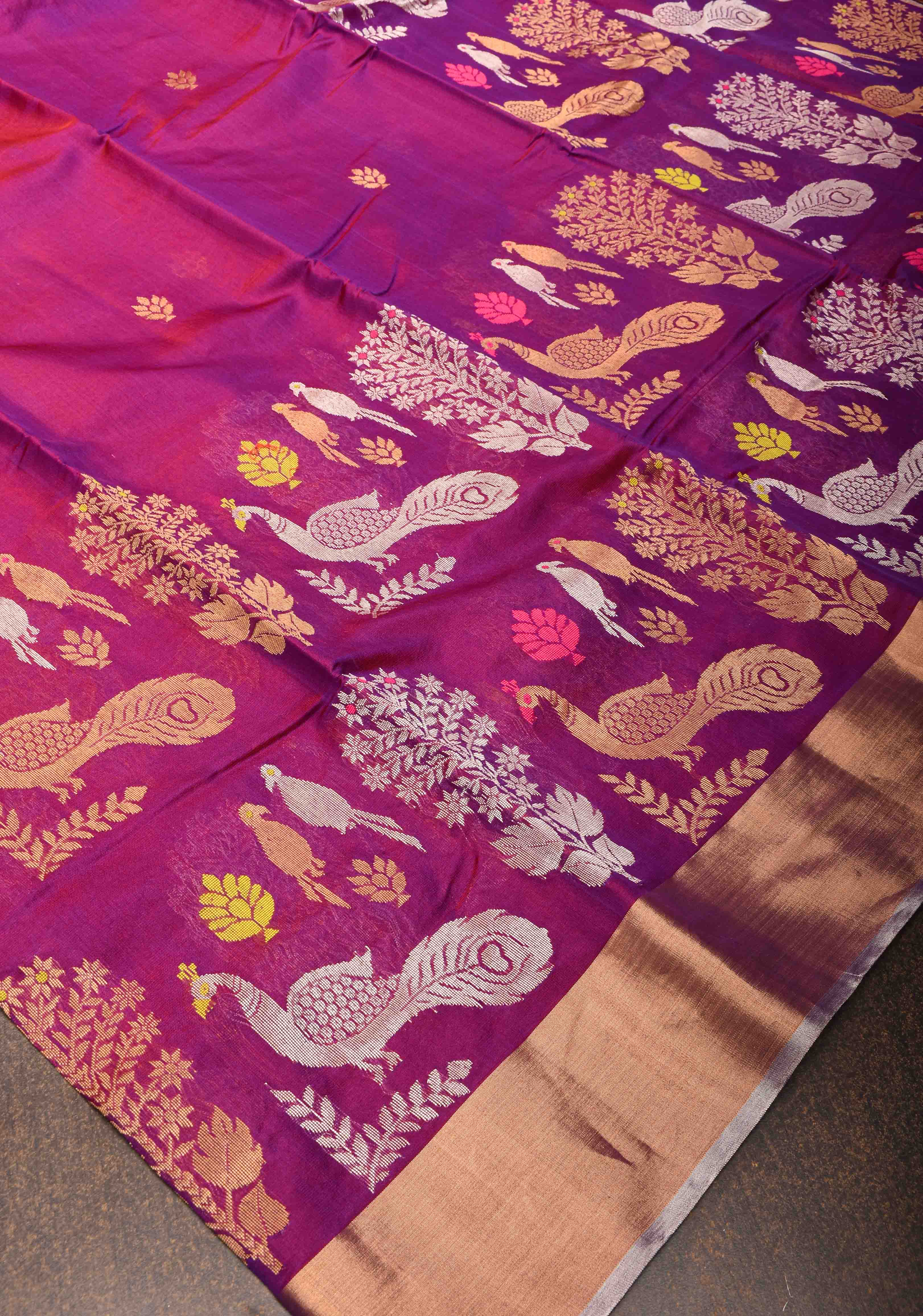 Plum Chanderi Silk Saree with Peacock and Floral Motifs Meenakari weave and Elegant Zari Border