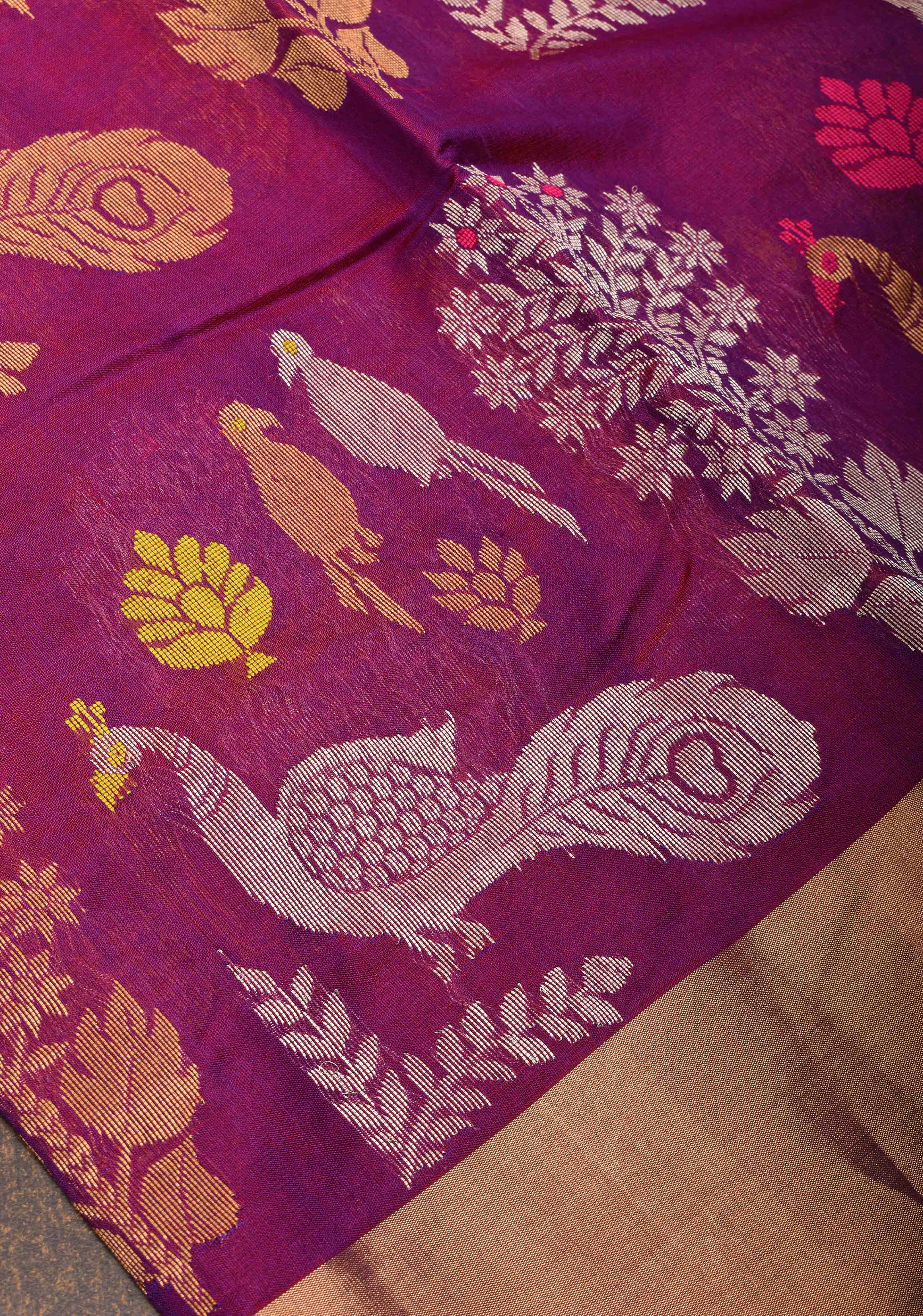 Plum Chanderi Silk Saree with Peacock and Floral Motifs Meenakari weave and Elegant Zari Border