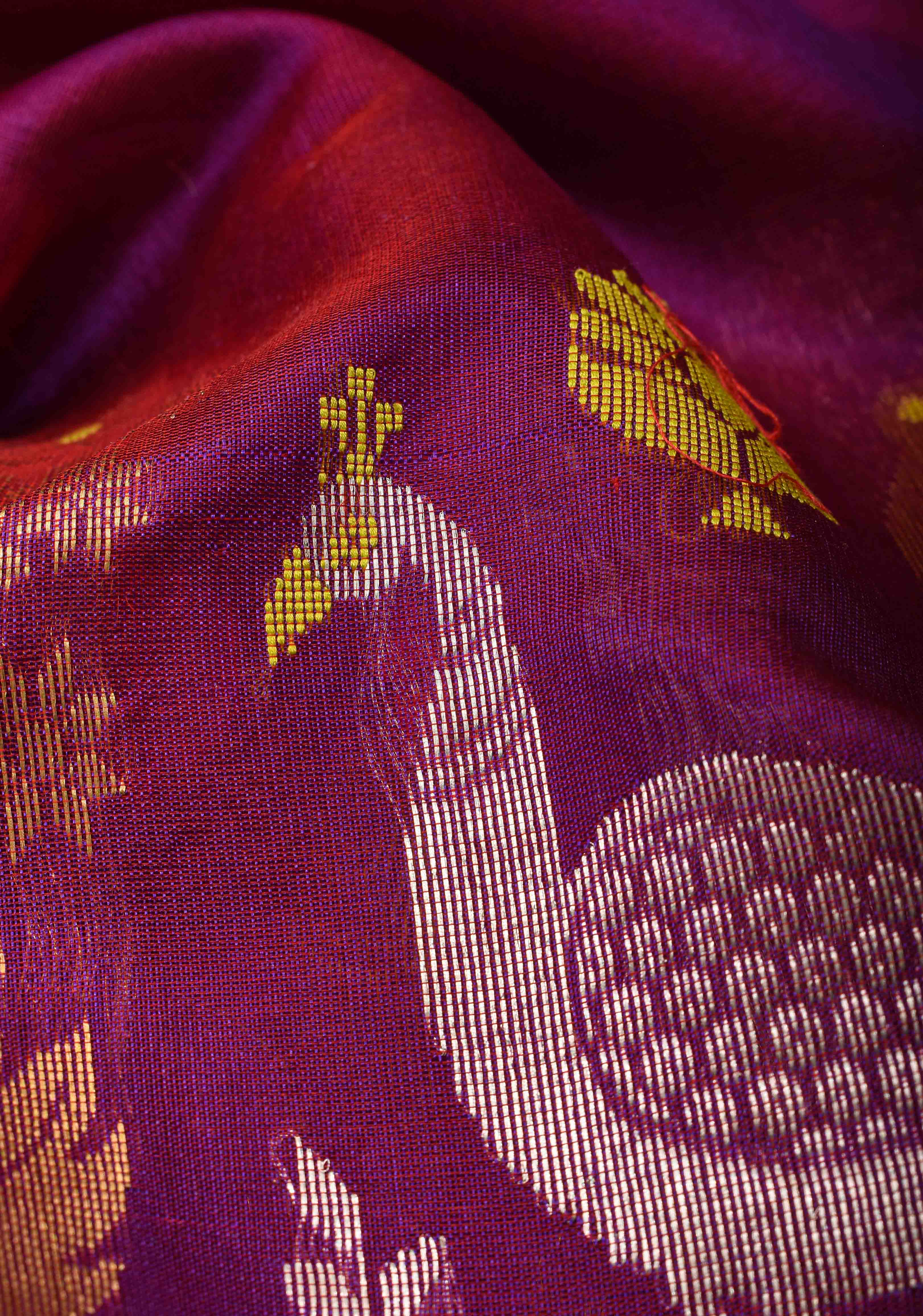 Plum Chanderi Silk Saree with Peacock and Floral Motifs Meenakari weave and Elegant Zari Border