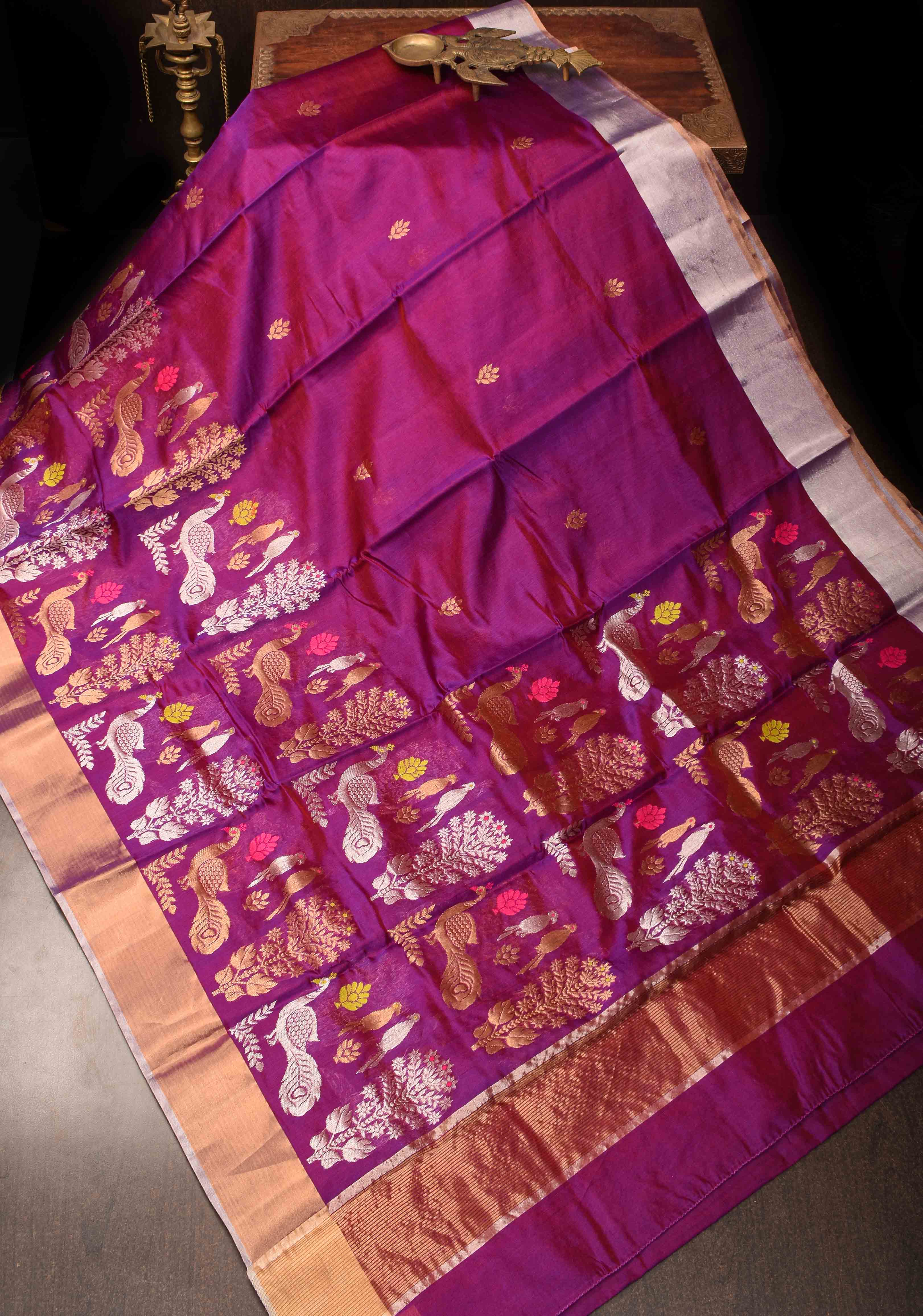 Plum Chanderi Silk Saree with Peacock and Floral Motifs Meenakari weave and Elegant Zari Border