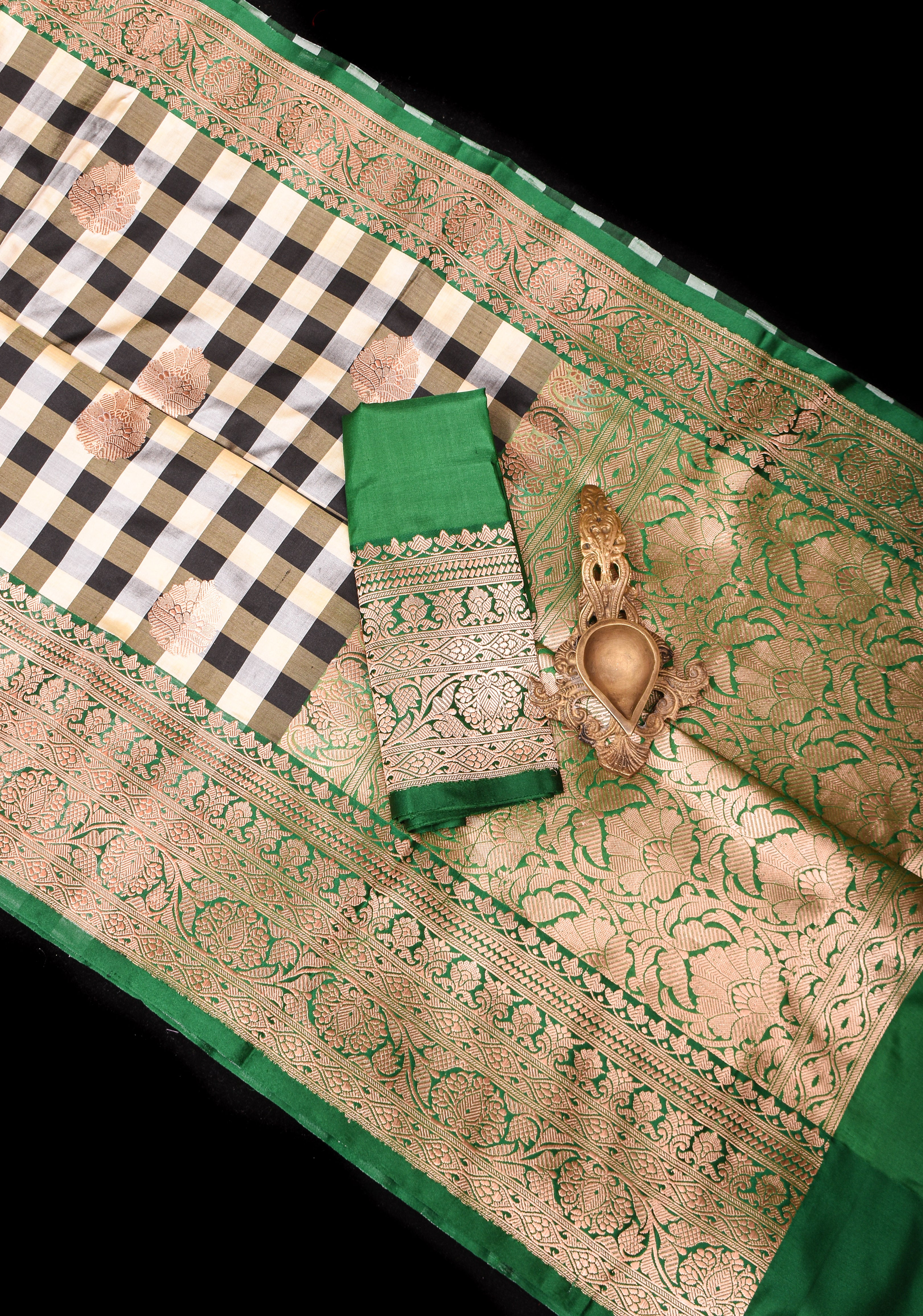 Pure Katan Silk Banarasi Saree in Black and Off White Checks with Zari Motifs and Contrasting Green Borders | SILK MARK CERTIFIED