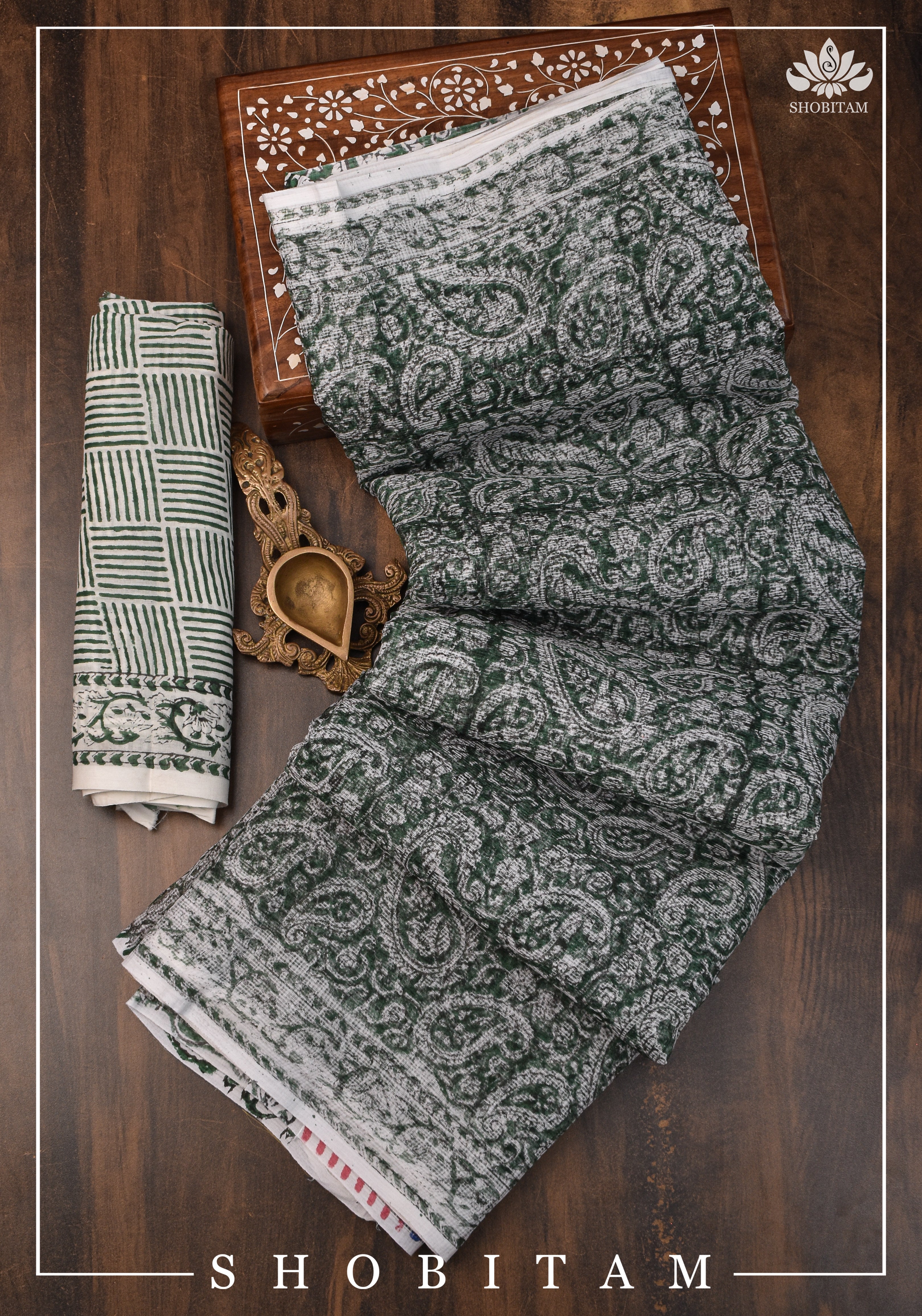 Green Kota Doria Cotton Saree with Sanganeri Hand Block Print