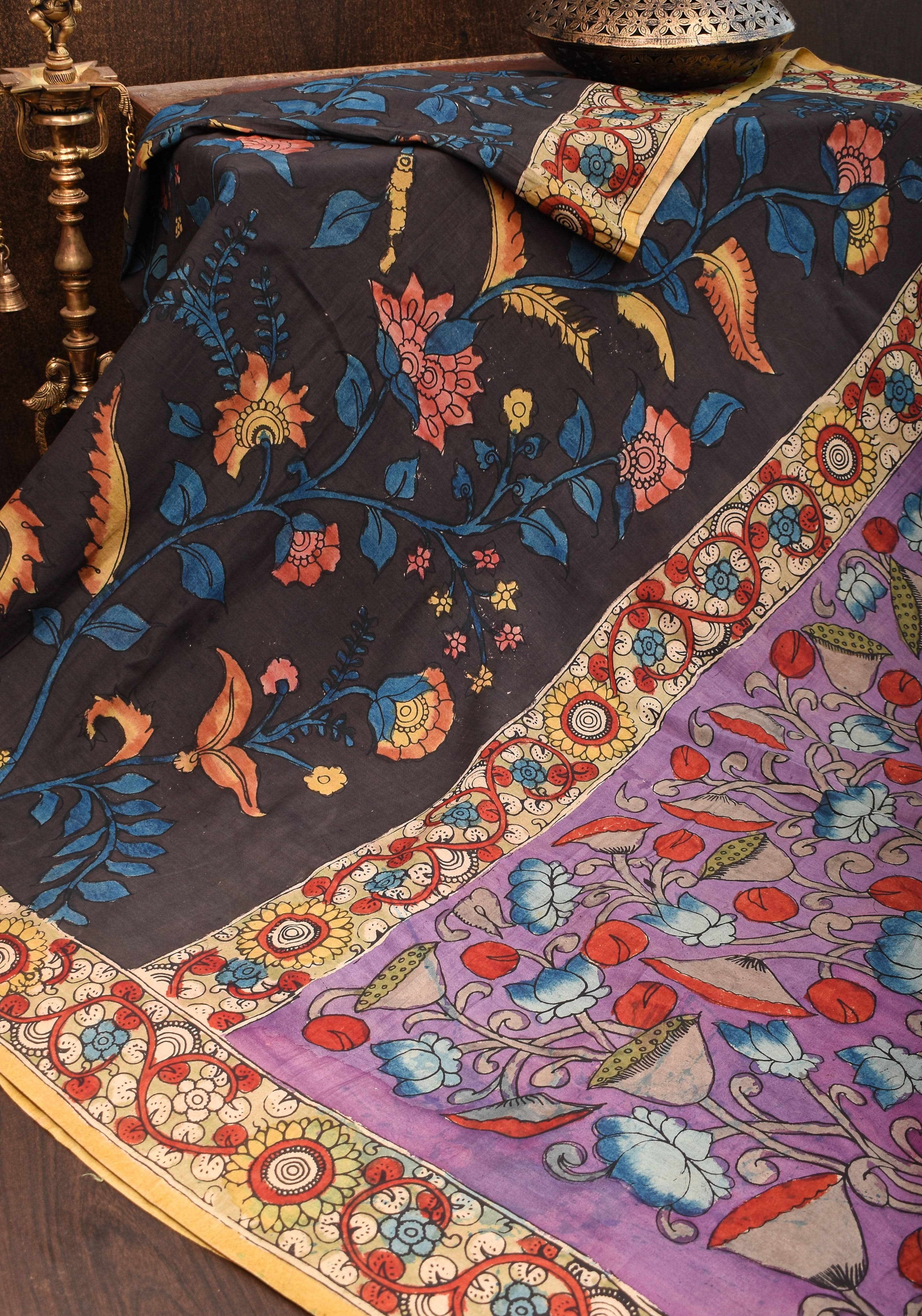 Black Authentic Pen Kalamkari on pure Assam Silk with floral Body and pond theme Pallu | SILK MARKED CERTIFIED