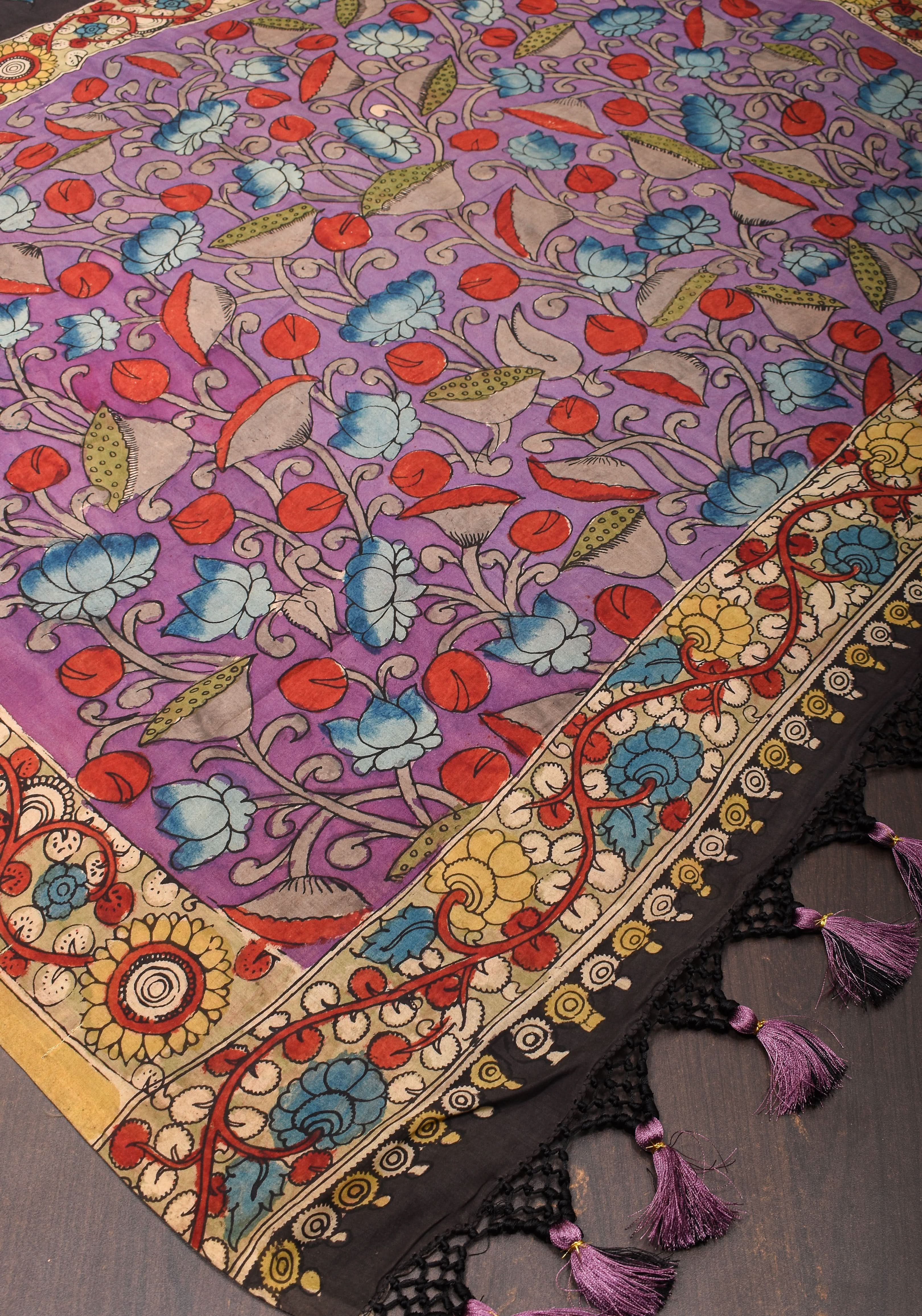 Black Authentic Pen Kalamkari on pure Assam Silk with floral Body and pond theme Pallu | SILK MARKED CERTIFIED