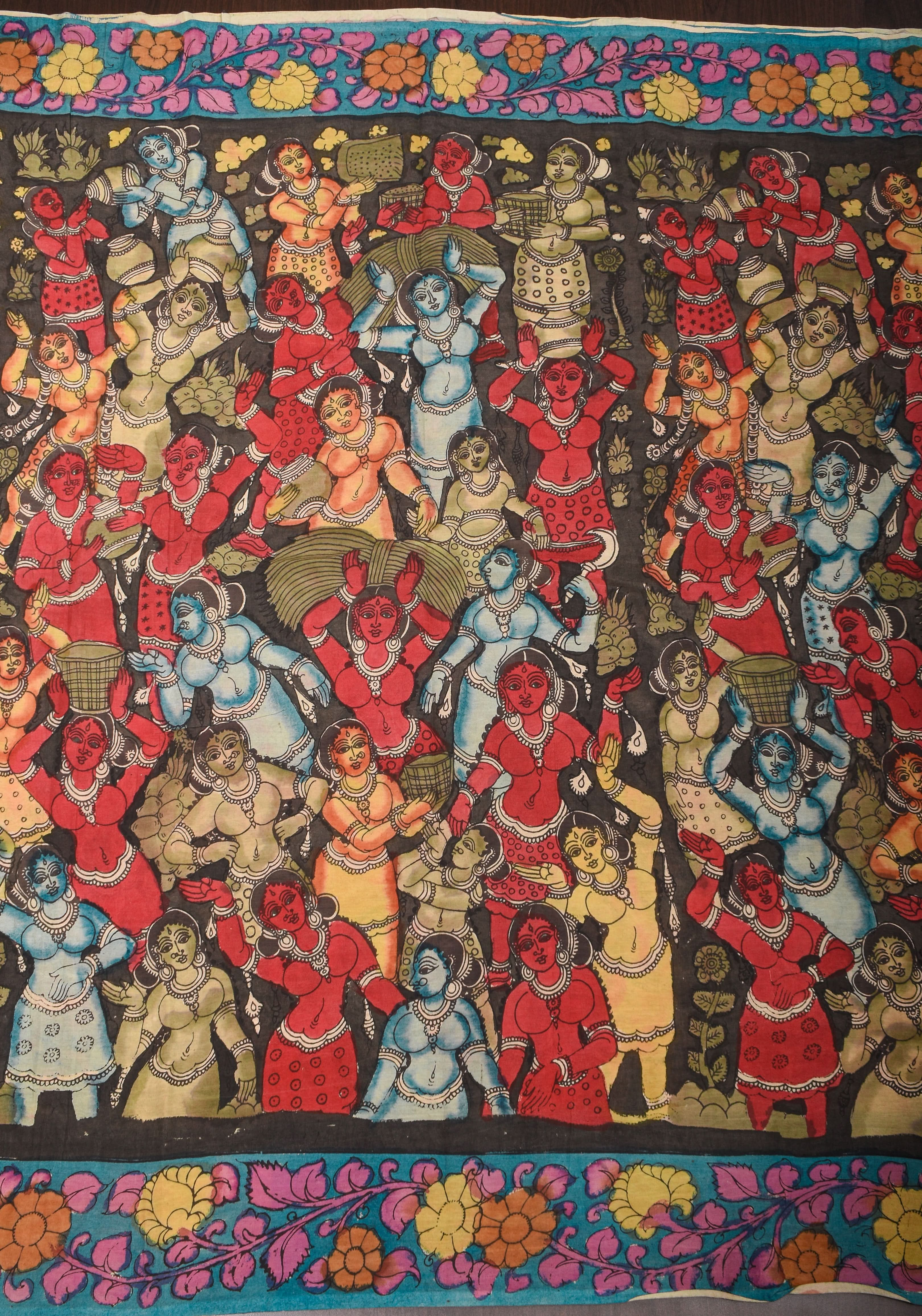 Black Authentic Pen Kalamkari on pure Assam Silk with Dancers and Tree of Life Pallu | SILK MARKED CERTIFIED