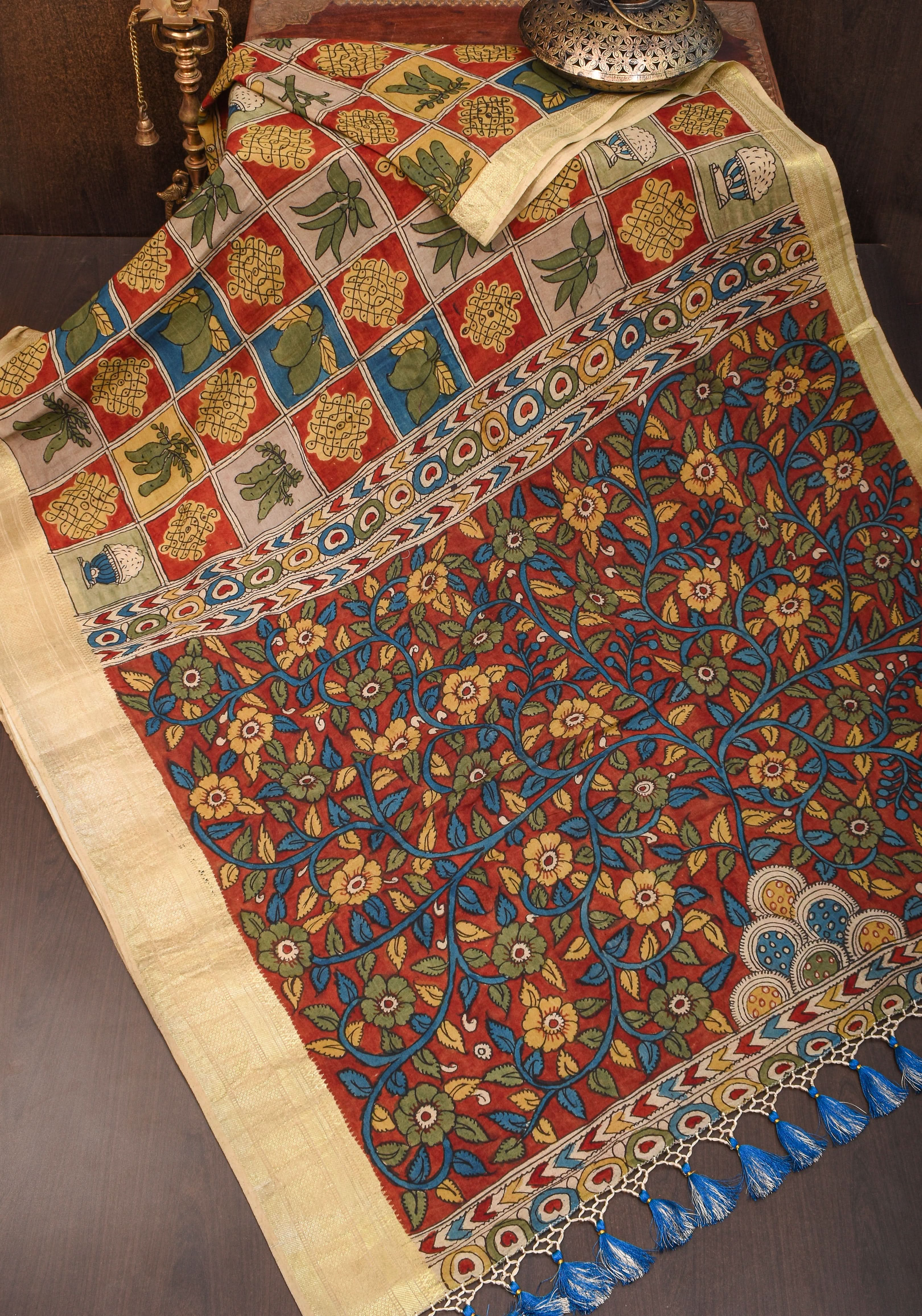 Authentic Pen Kalamkari on pure Assam Silk with Collage theme  | SILK MARKED CERTIFIED