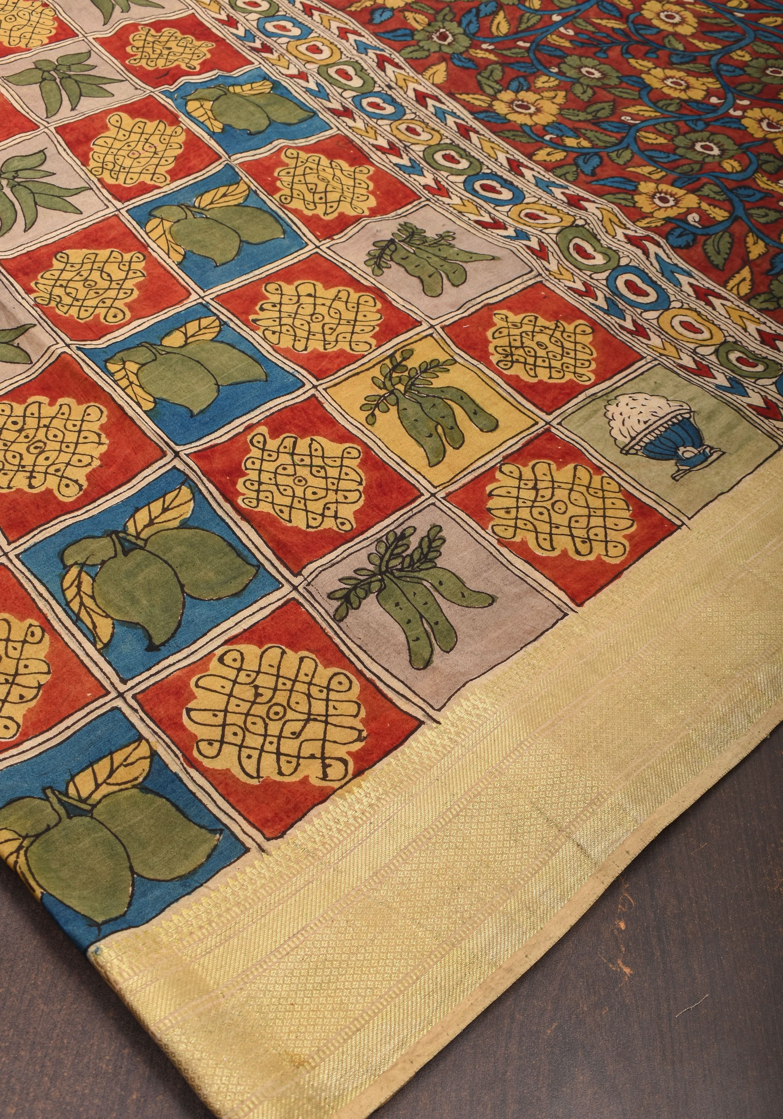 Authentic Pen Kalamkari on pure Assam Silk with Collage theme  | SILK MARKED CERTIFIED