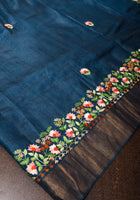 Peacock Blue Pure Gachi Tussar Silk Saree with Hand Embroidery |CERTIFIED SILK