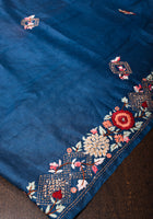 Yale Blue Pure Gachi Tussar Silk Saree with Hand Embroidery |CERTIFIED SILK