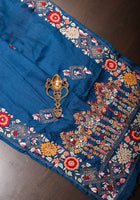 Yale Blue Pure Gachi Tussar Silk Saree with Hand Embroidery |CERTIFIED SILK