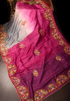 Magenta Ombre  Gachi Tussar Silk Saree with Hand Embroidery |CERTIFIED SILK